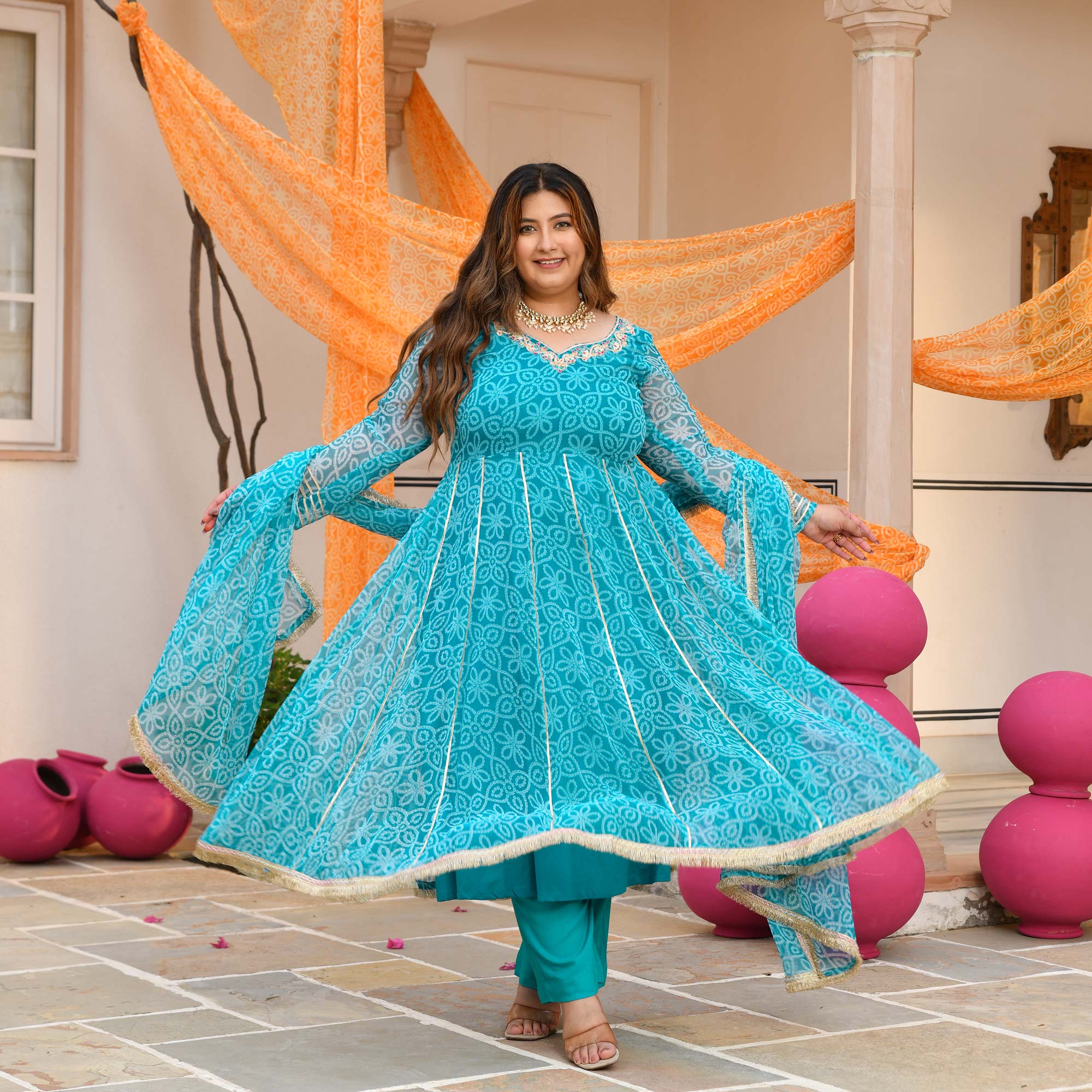 Nakhro- Sky Blue Embroidered Bandhani Chiffon Anarkali Set