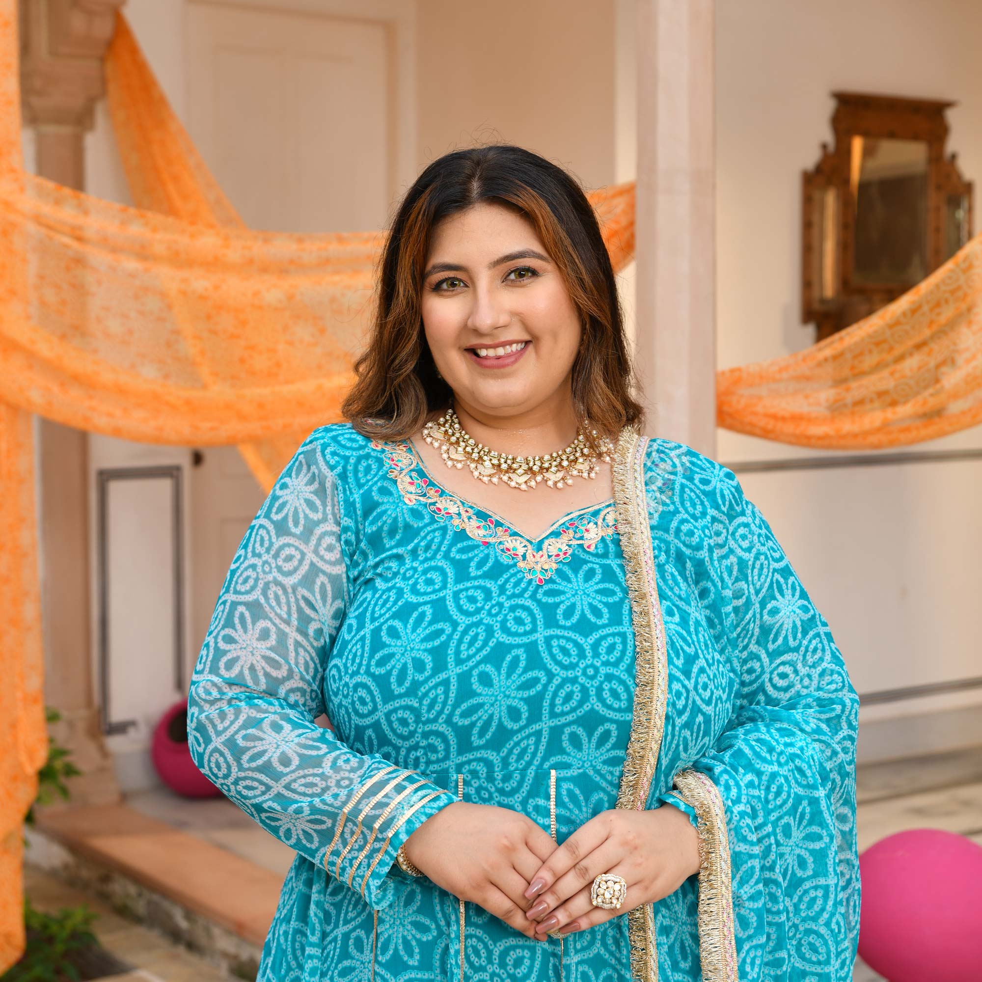 Nakhro- Sky Blue Embroidered Bandhani Chiffon Anarkali Set