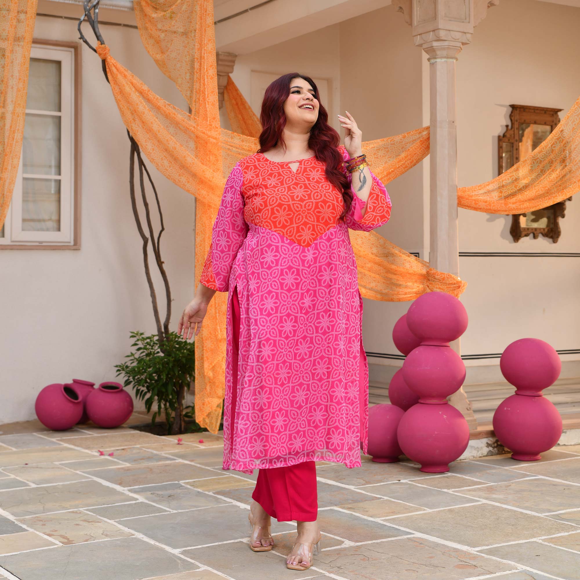 Meethi Chashni- Pink & Orange Bandhani Applique Chiffon Kurta
