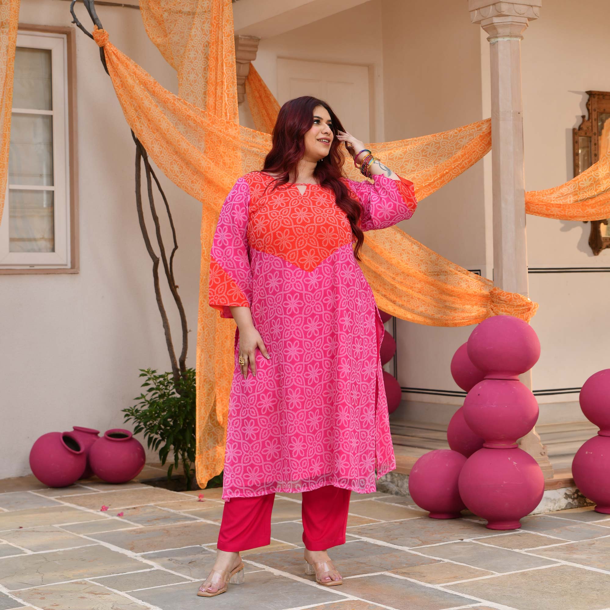 Meethi Chashni- Pink & Orange Bandhani Applique Chiffon Kurta