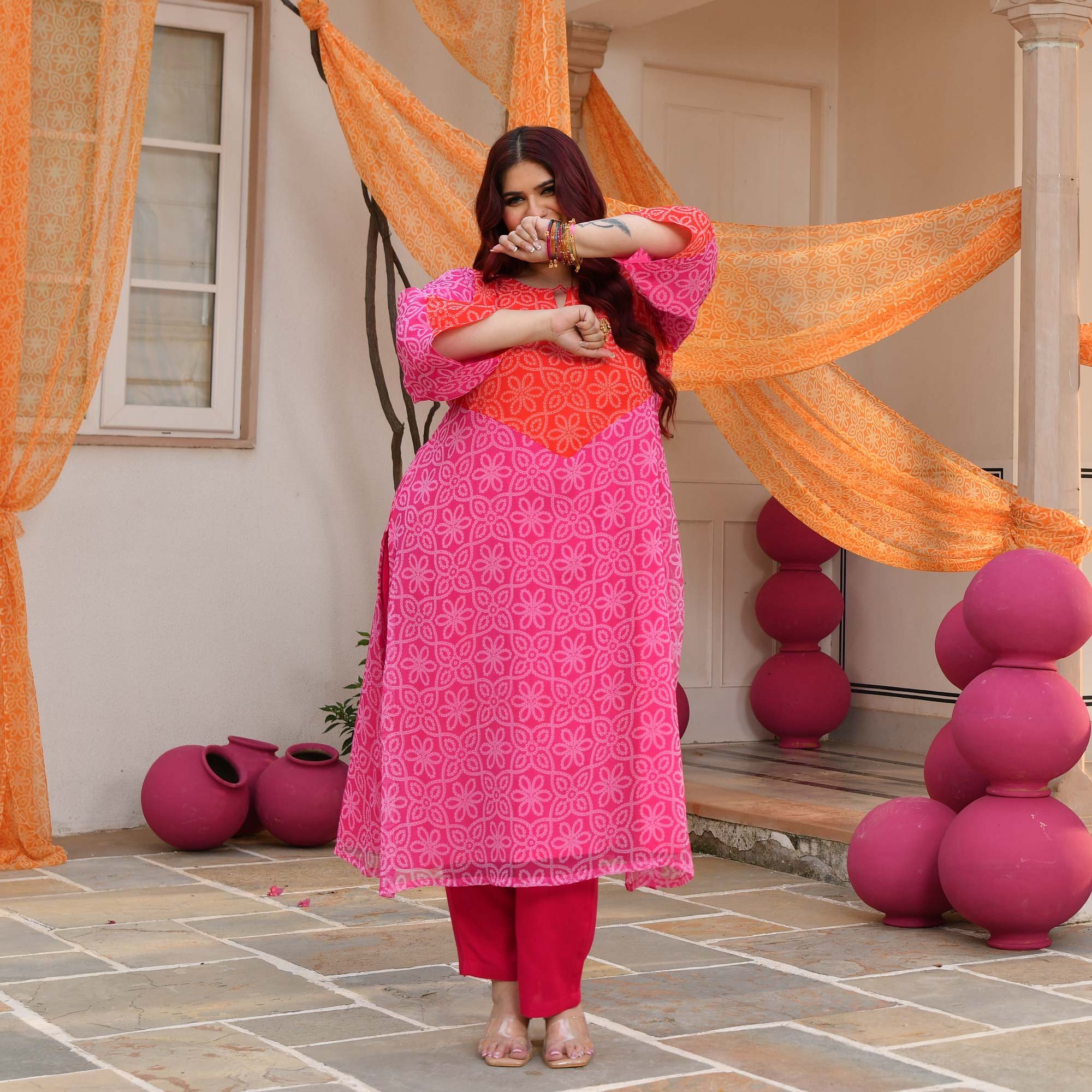 Meethi Chashni- Pink & Orange Bandhani Applique Chiffon Kurta