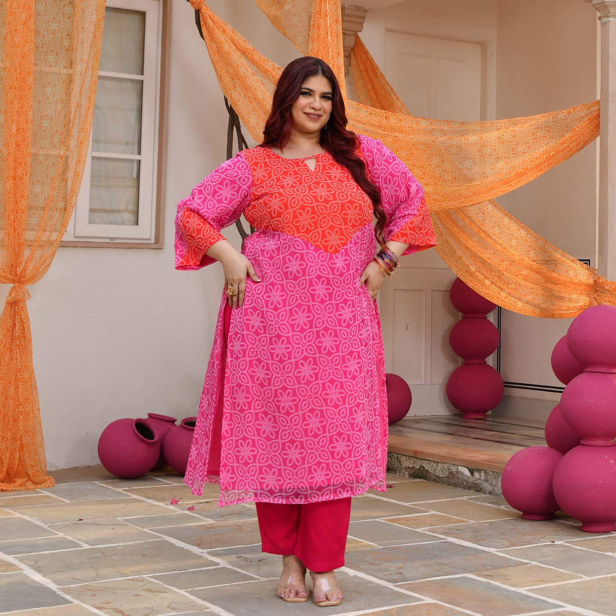 Meethi Chashni- Pink & Orange Bandhani Applique Chiffon Kurta