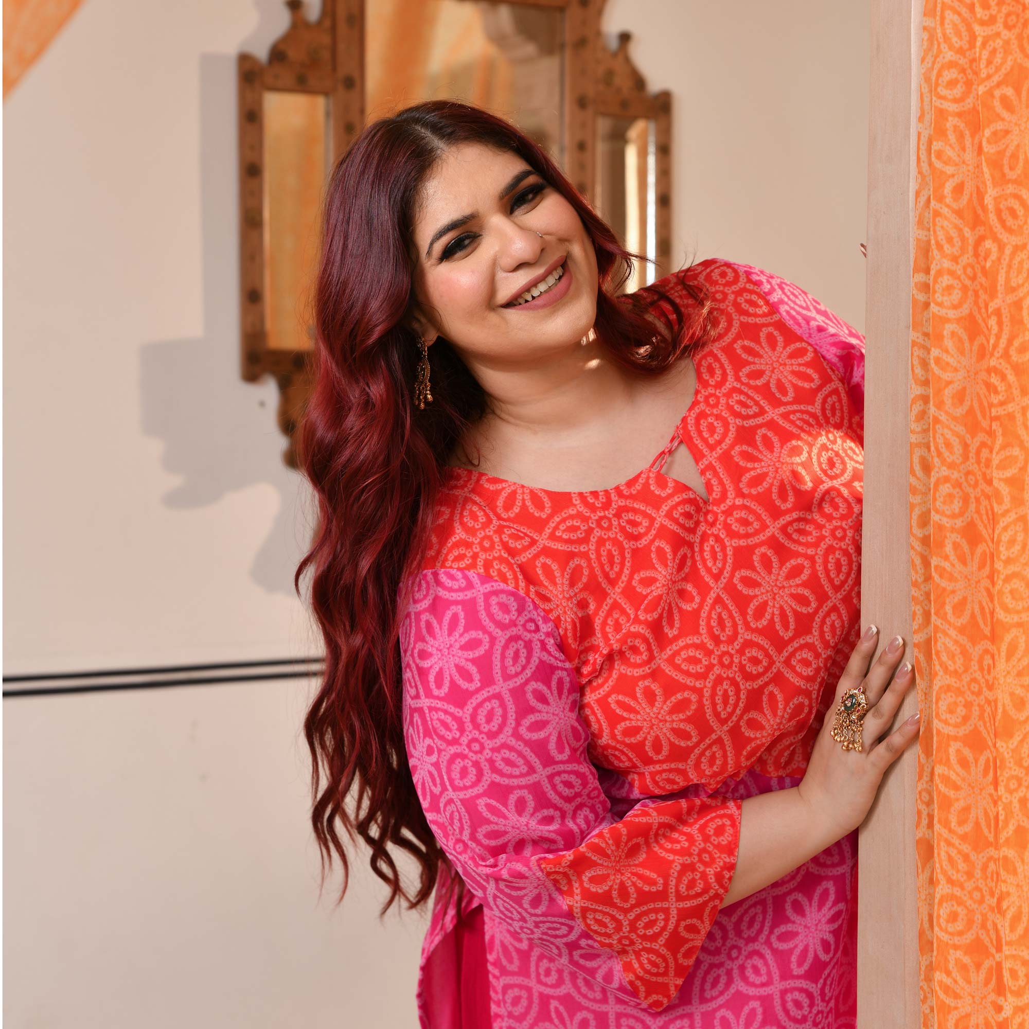 Meethi Chashni- Pink & Orange Bandhani Applique Chiffon Kurta
