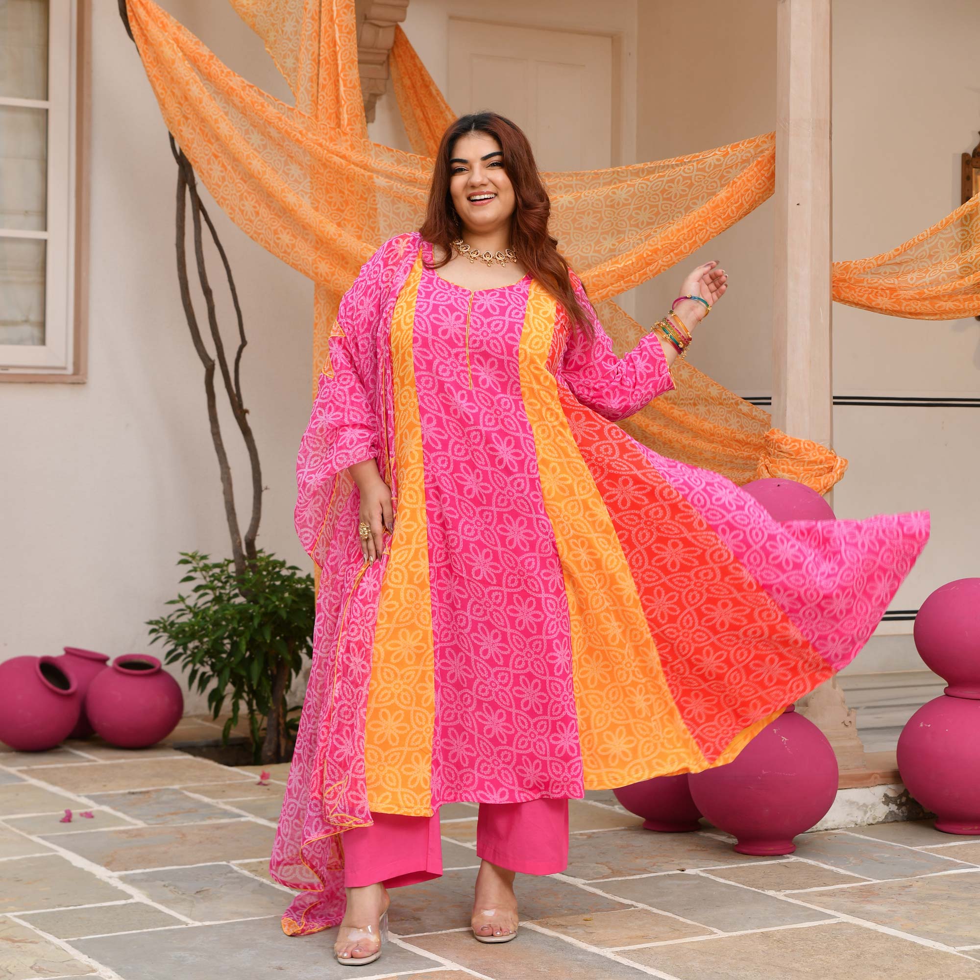 Sharbati Nimboo- Pink & Yellow Bandhani Chiffon Anarkali Set