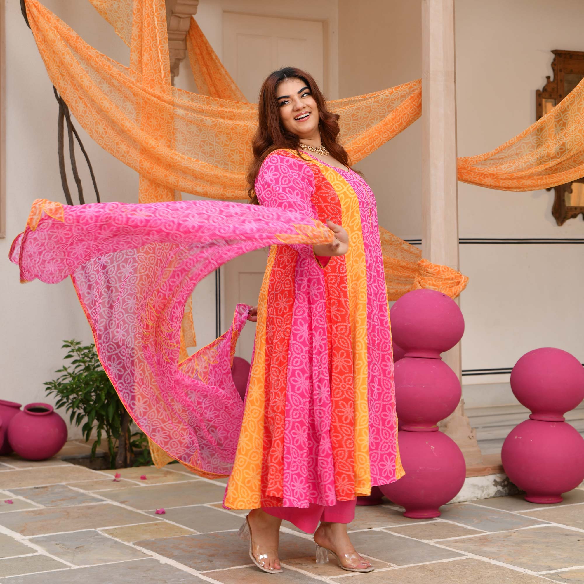 Sharbati Nimboo- Pink & Yellow Bandhani Chiffon Anarkali Set
