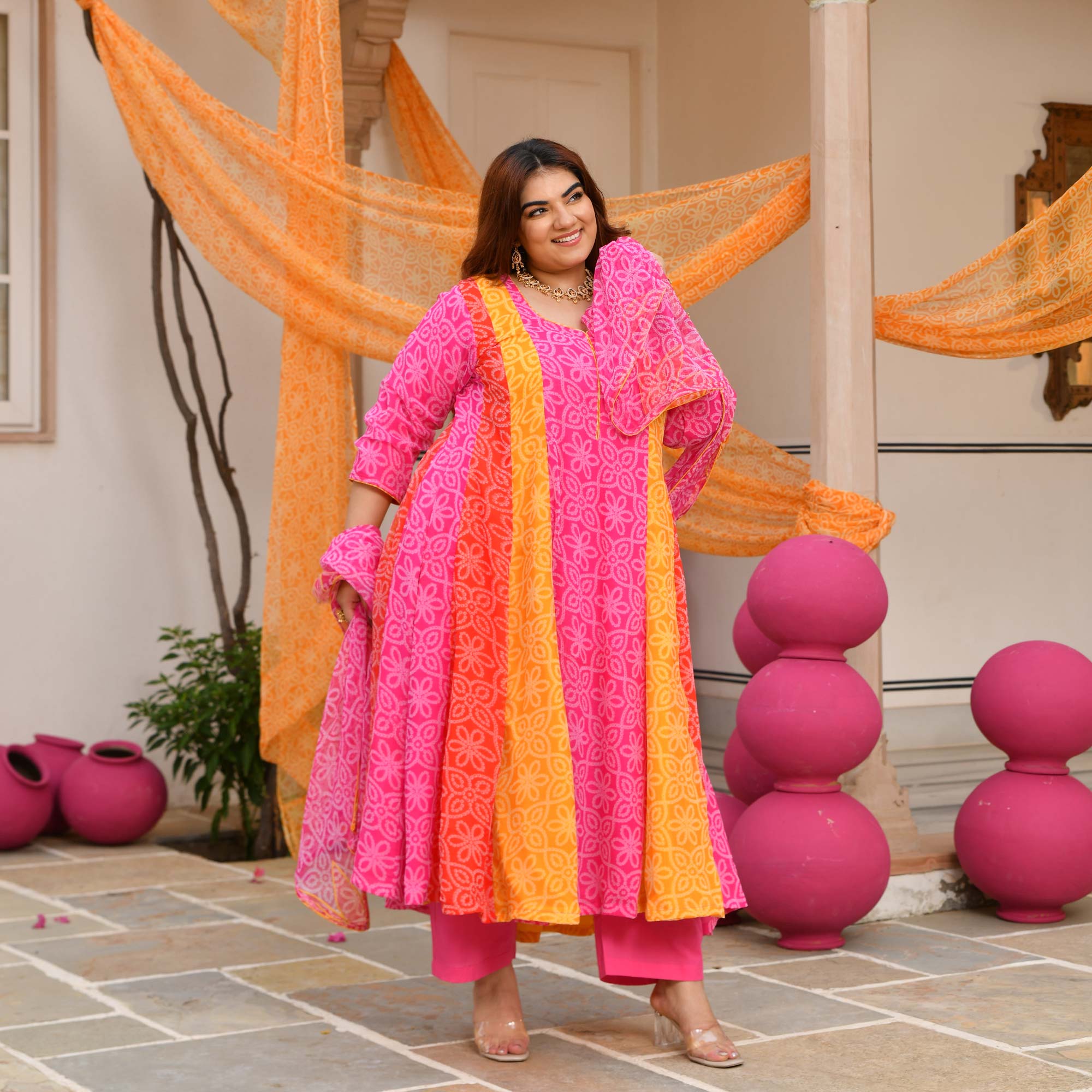 Sharbati Nimboo- Pink & Yellow Bandhani Chiffon Anarkali Set
