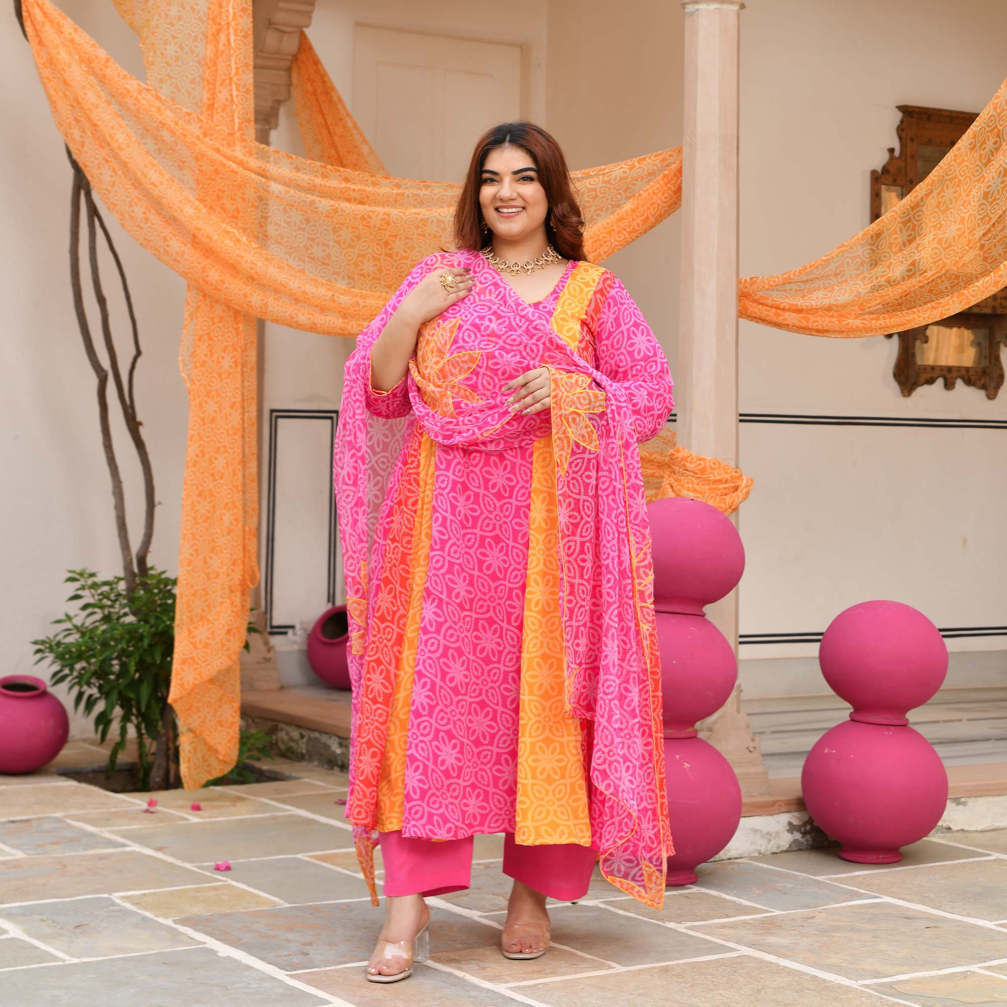 Sharbati Nimboo- Pink & Yellow Bandhani Chiffon Anarkali Set