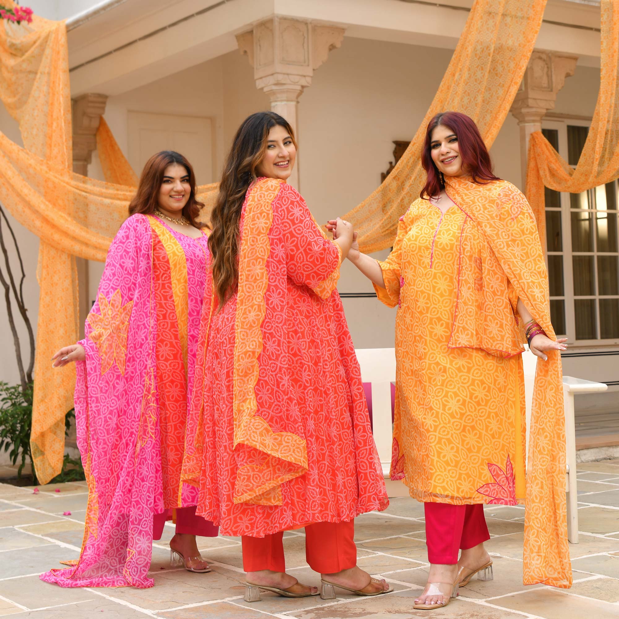 Tareefan- Yellow & Pink Bandhani Applique Chiffon Suit Set