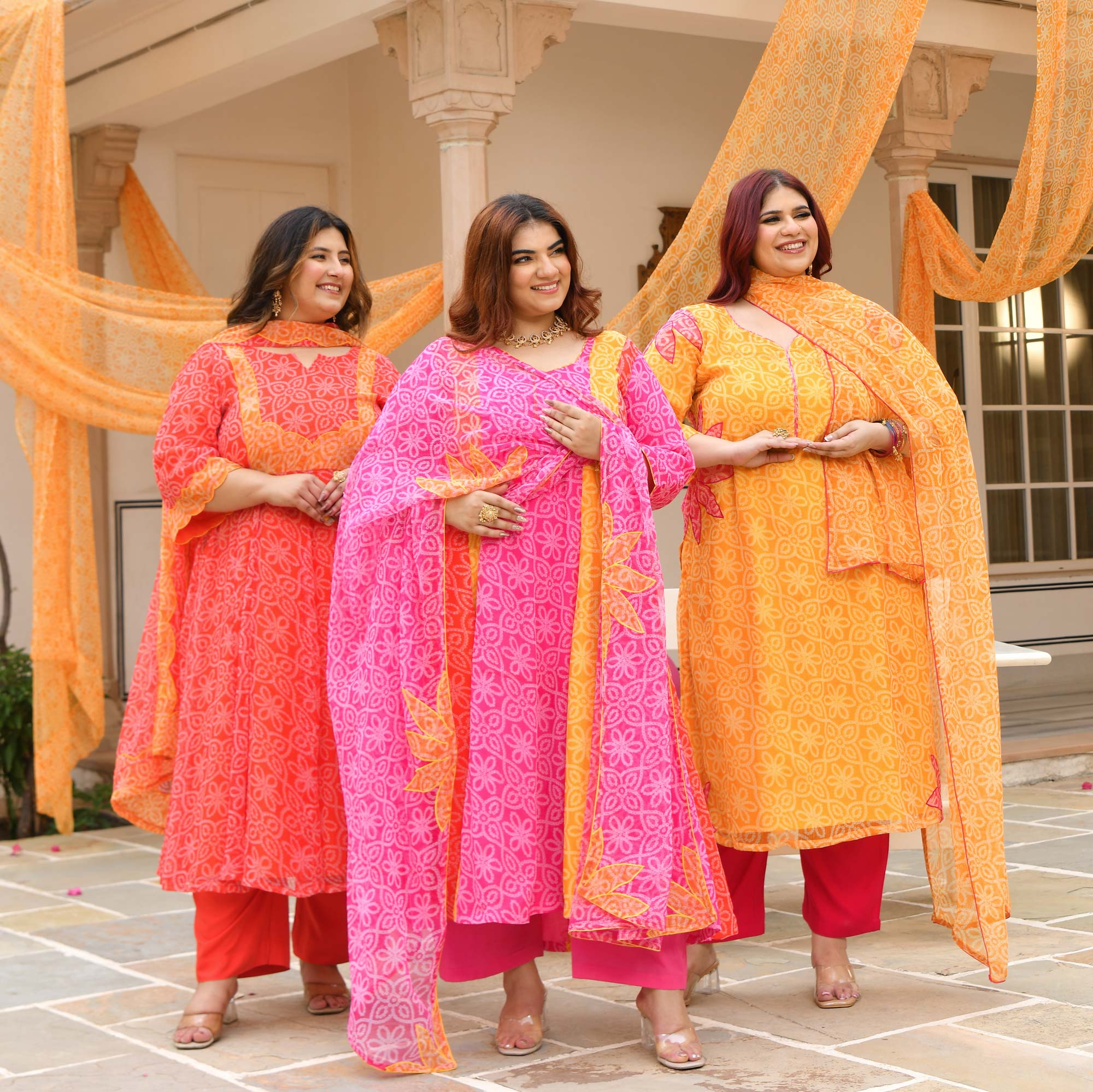 Sharbati Nimboo- Pink & Yellow Bandhani Chiffon Anarkali Set
