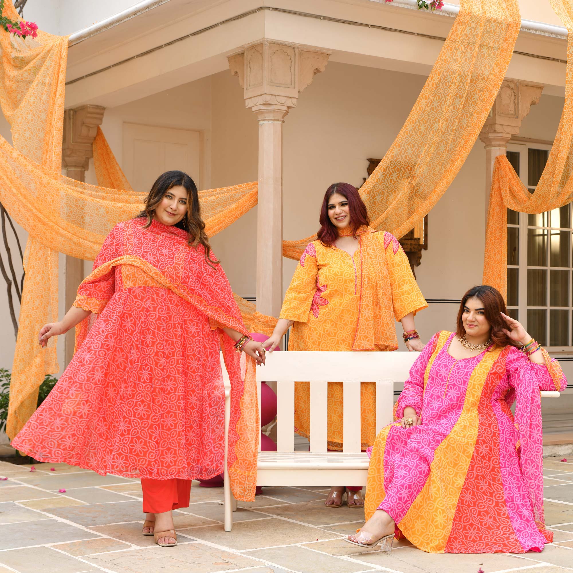 Tareefan- Yellow & Pink Bandhani Applique Chiffon Suit Set