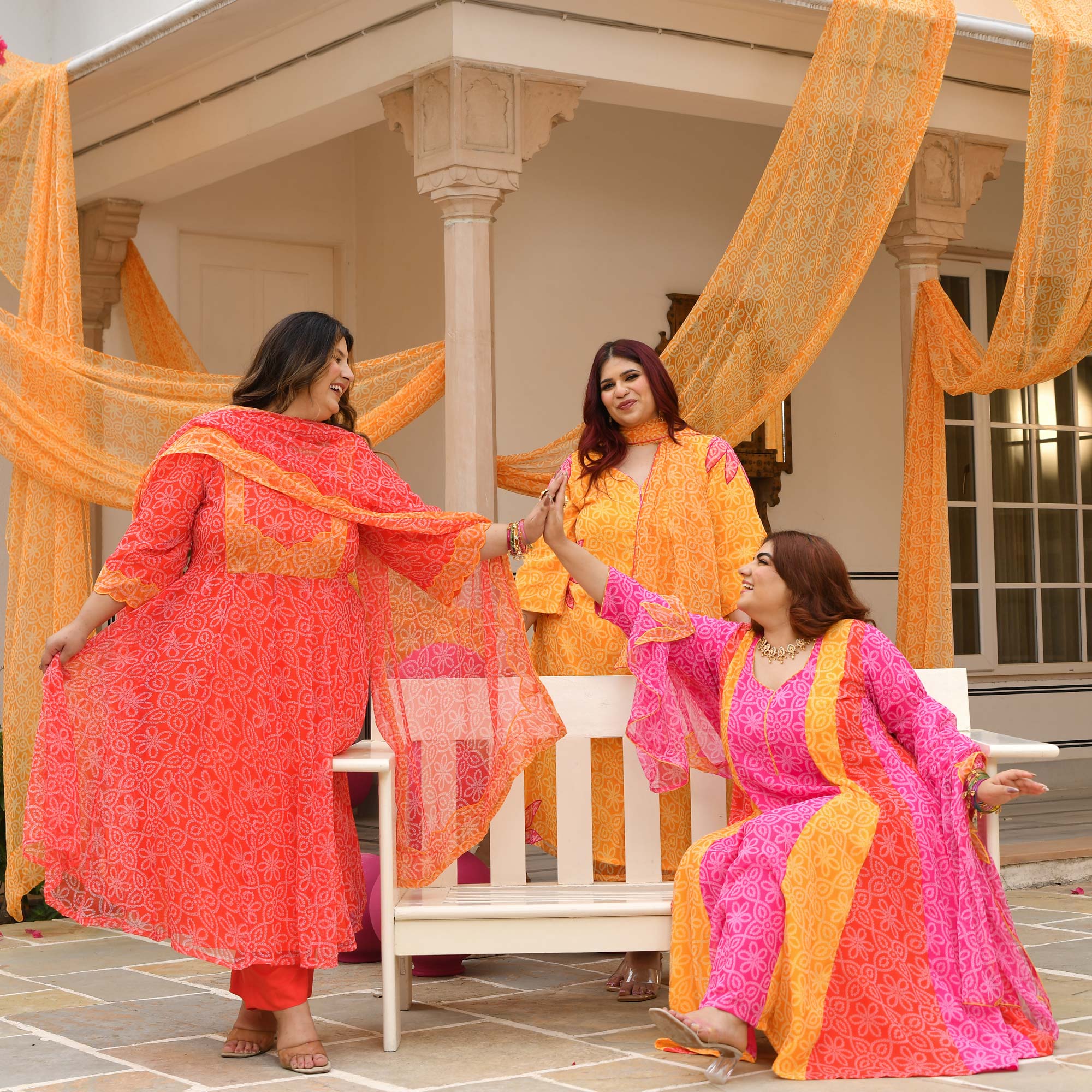 Desi Kanya- Red & Orange Bandhani Applique Chiffon Anarkali Set