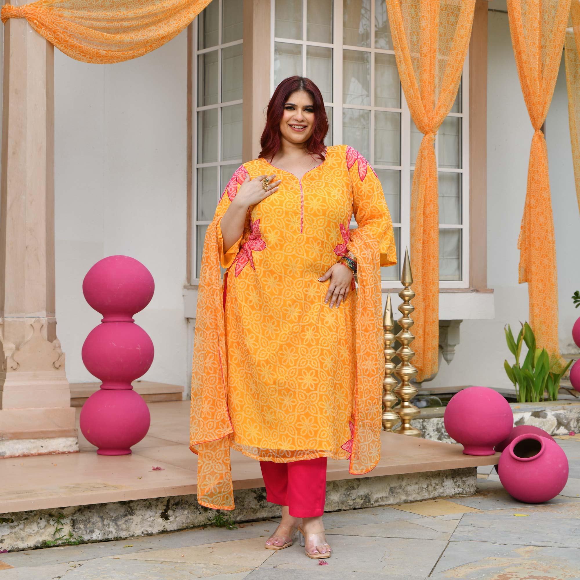 Tareefan- Yellow & Pink Bandhani Applique Chiffon Suit Set