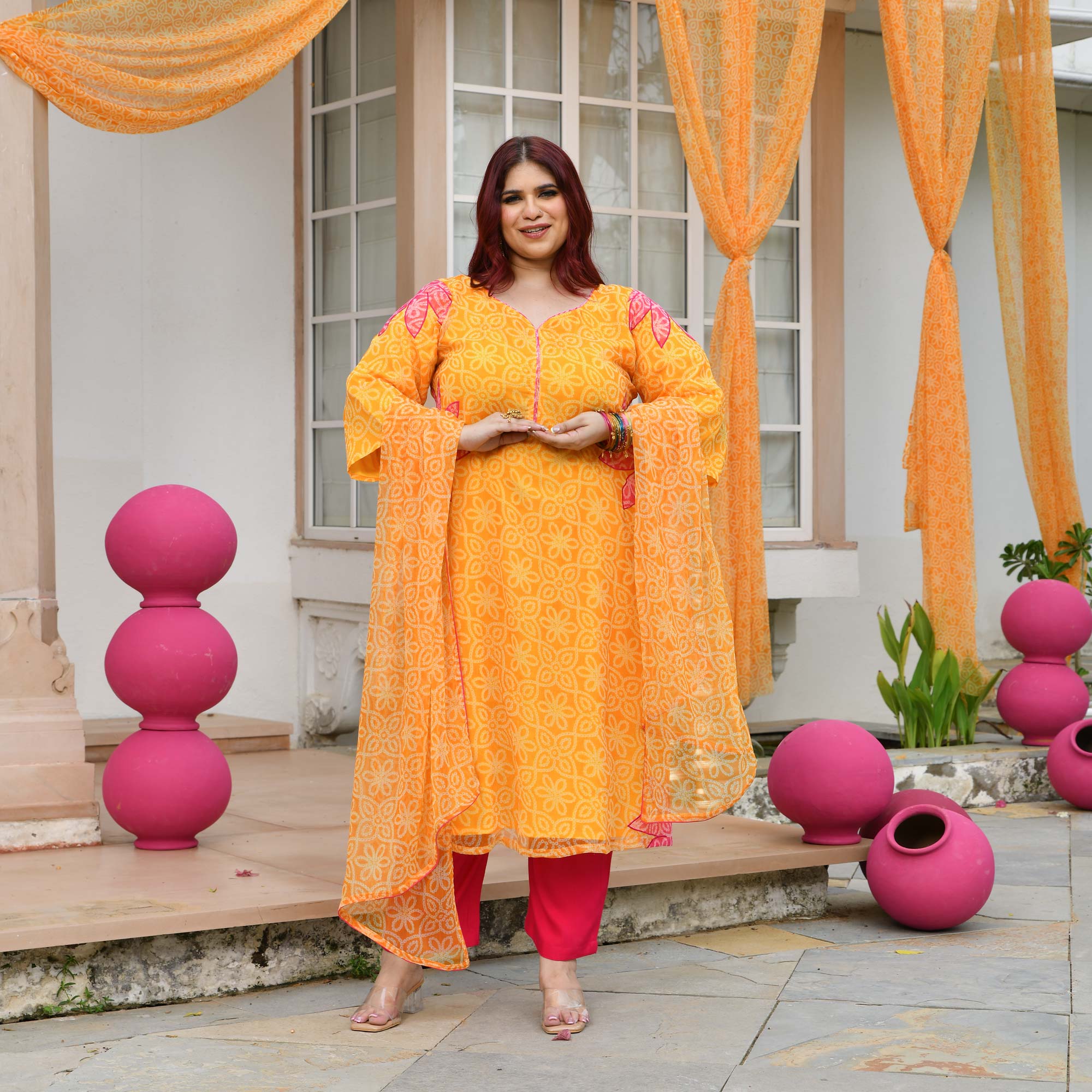 Tareefan- Yellow & Pink Bandhani Applique Chiffon Suit Set