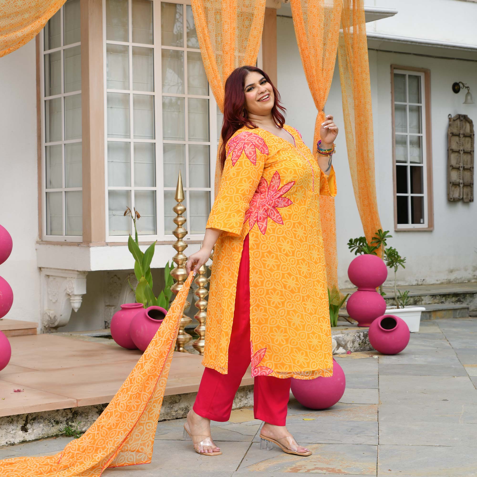 Tareefan- Yellow & Pink Bandhani Applique Chiffon Suit Set