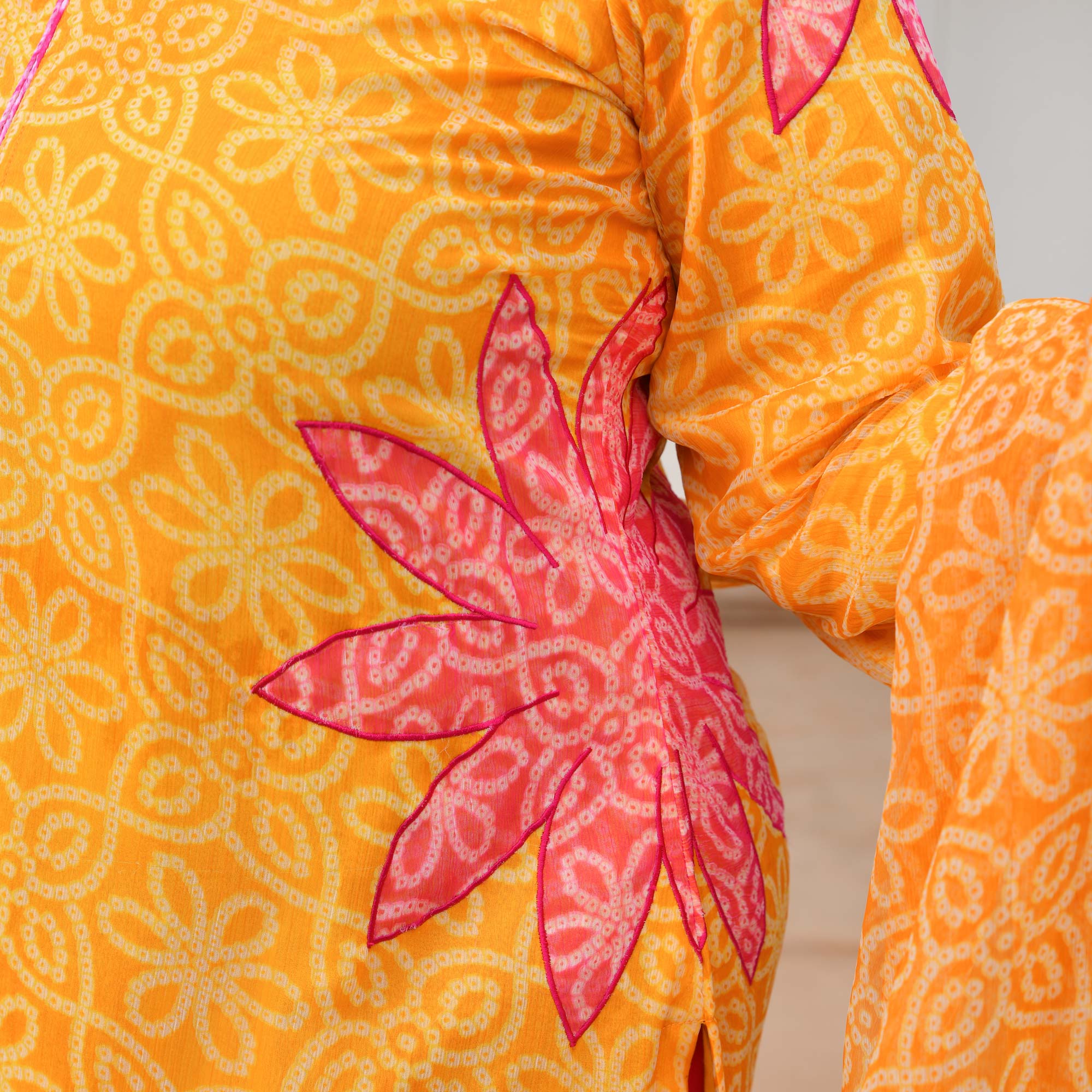 Tareefan- Yellow & Pink Bandhani Applique Chiffon Suit Set