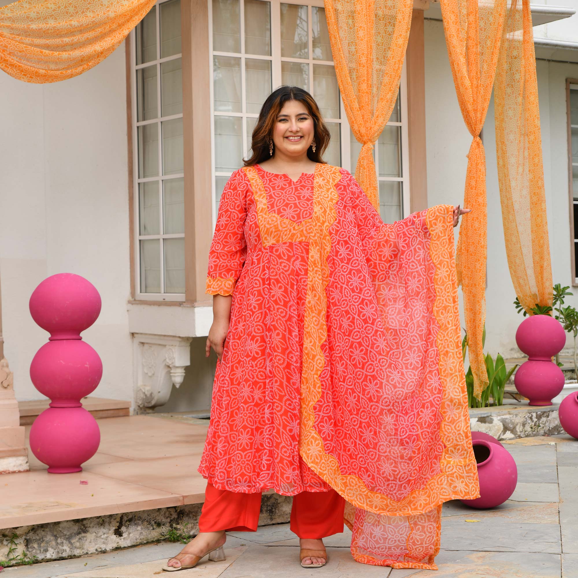 Desi Kanya- Red & Orange Bandhani Applique Chiffon Anarkali Set