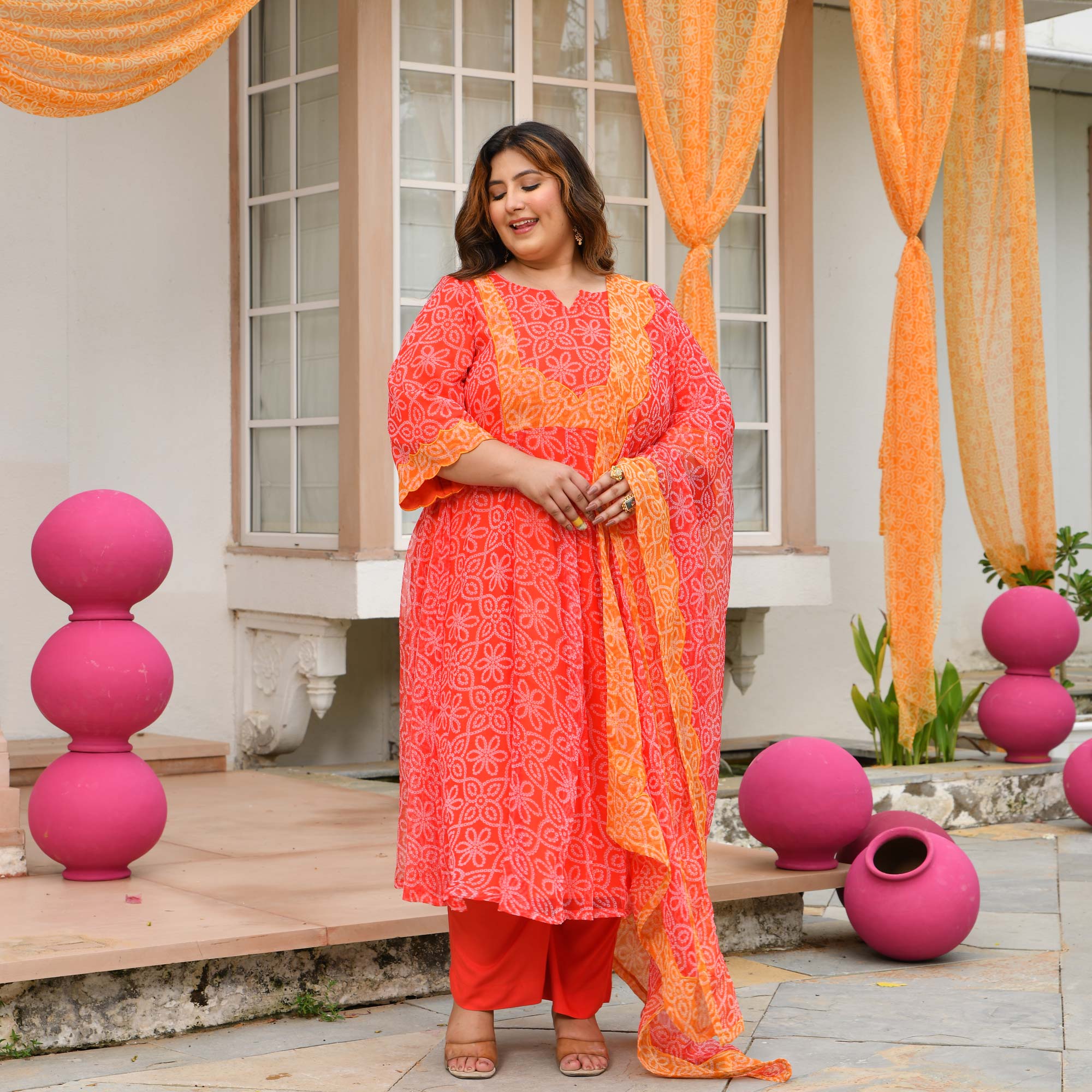 Desi Kanya- Red & Orange Bandhani Applique Chiffon Anarkali Set