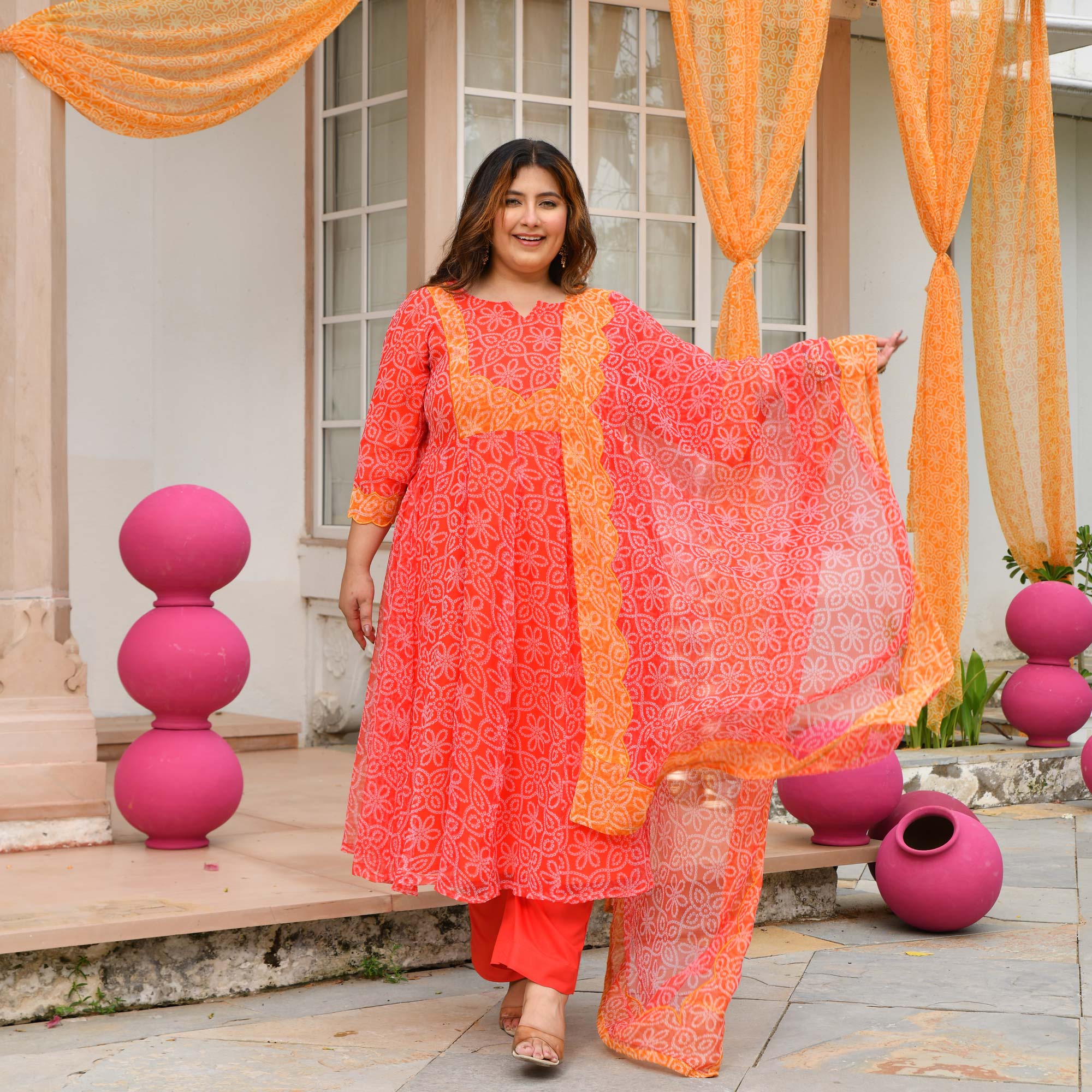 Desi Kanya- Red & Orange Bandhani Applique Chiffon Anarkali Set