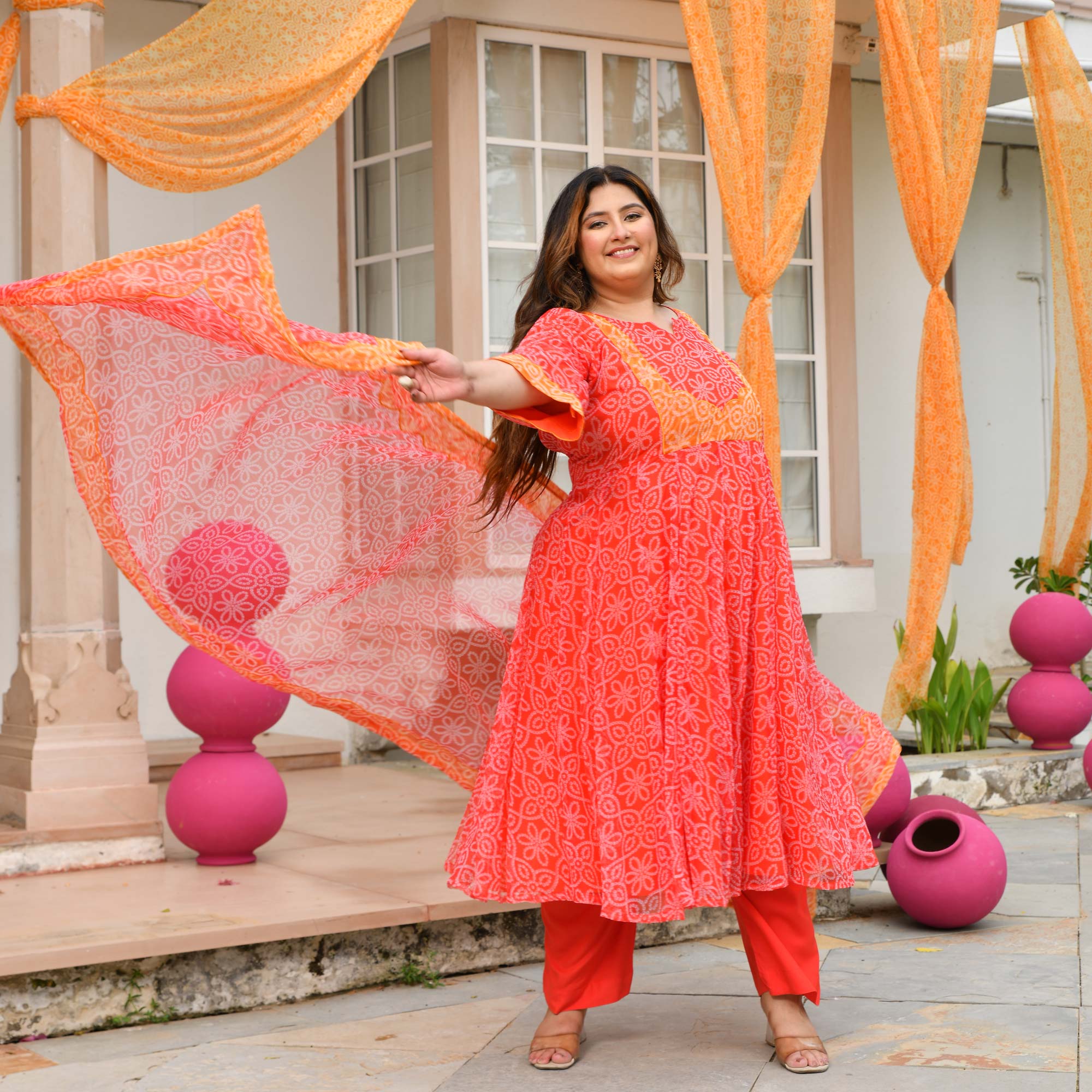 Desi Kanya- Red & Orange Bandhani Applique Chiffon Anarkali Set