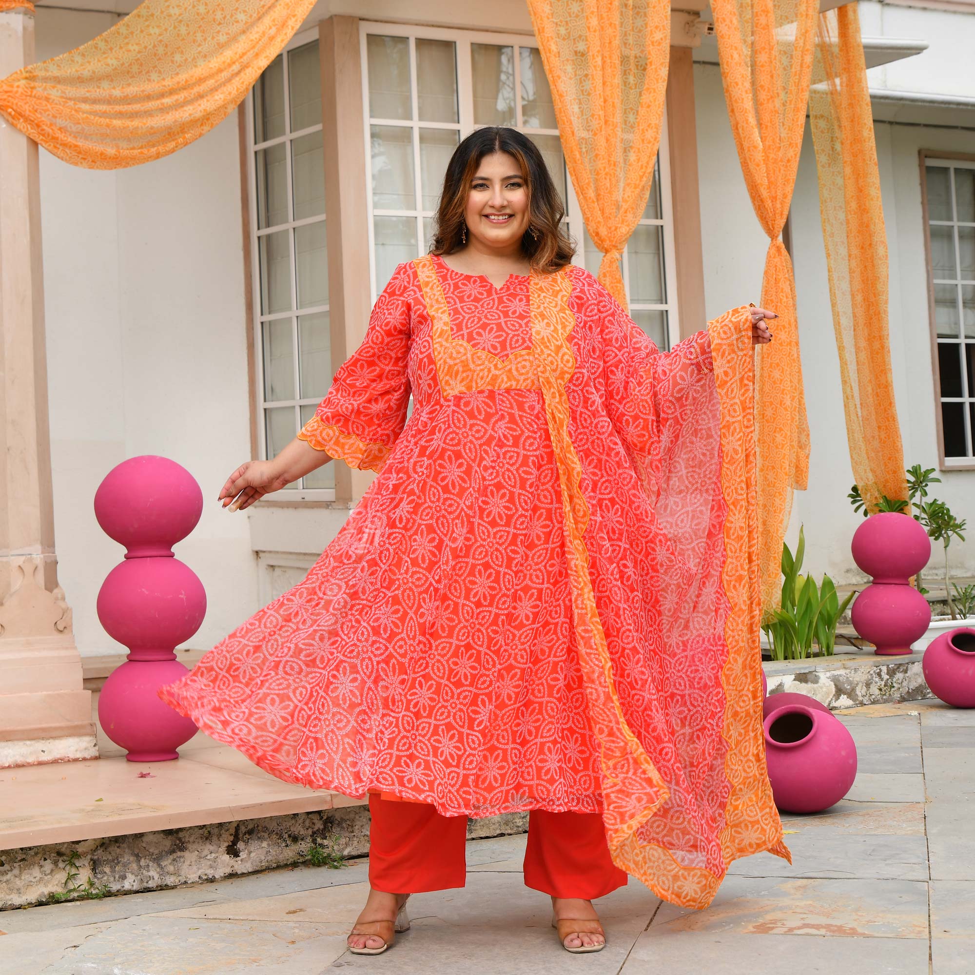 Desi Kanya- Red & Orange Bandhani Applique Chiffon Anarkali Set