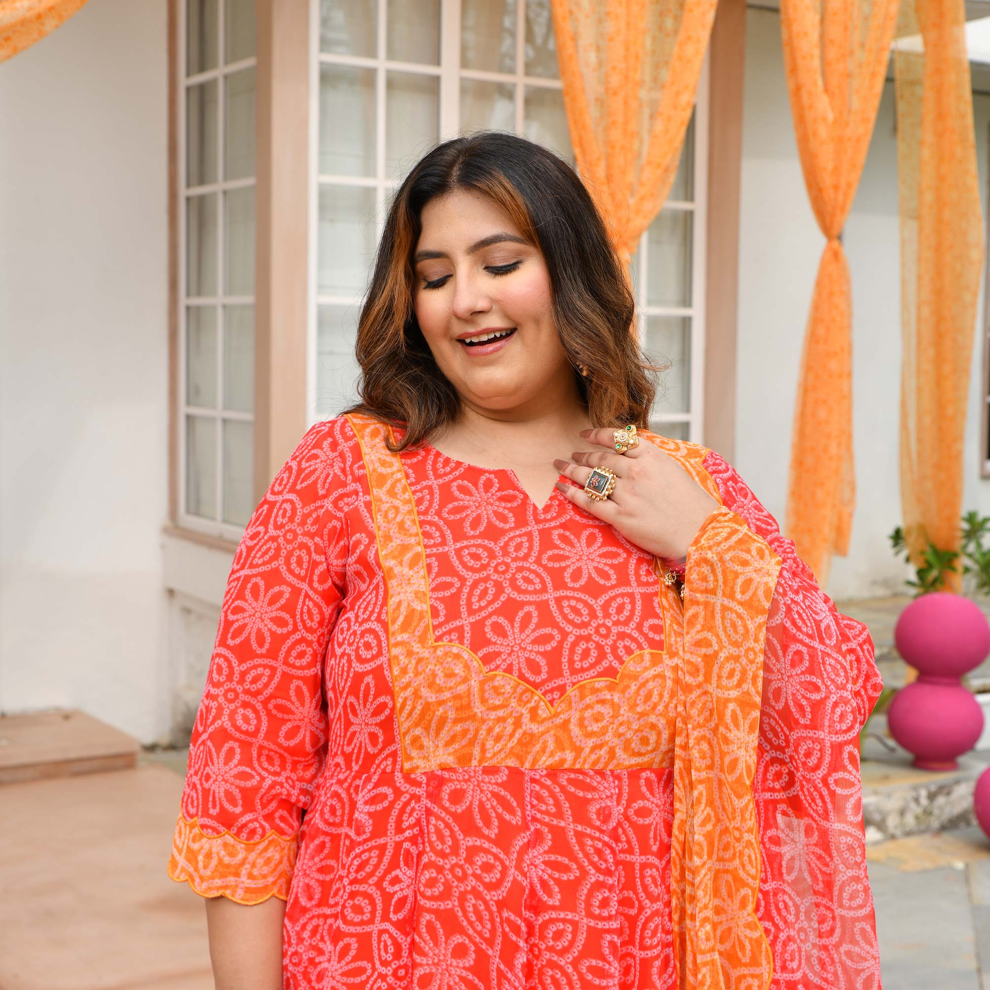 Desi Kanya- Red & Orange Bandhani Applique Chiffon Anarkali Set