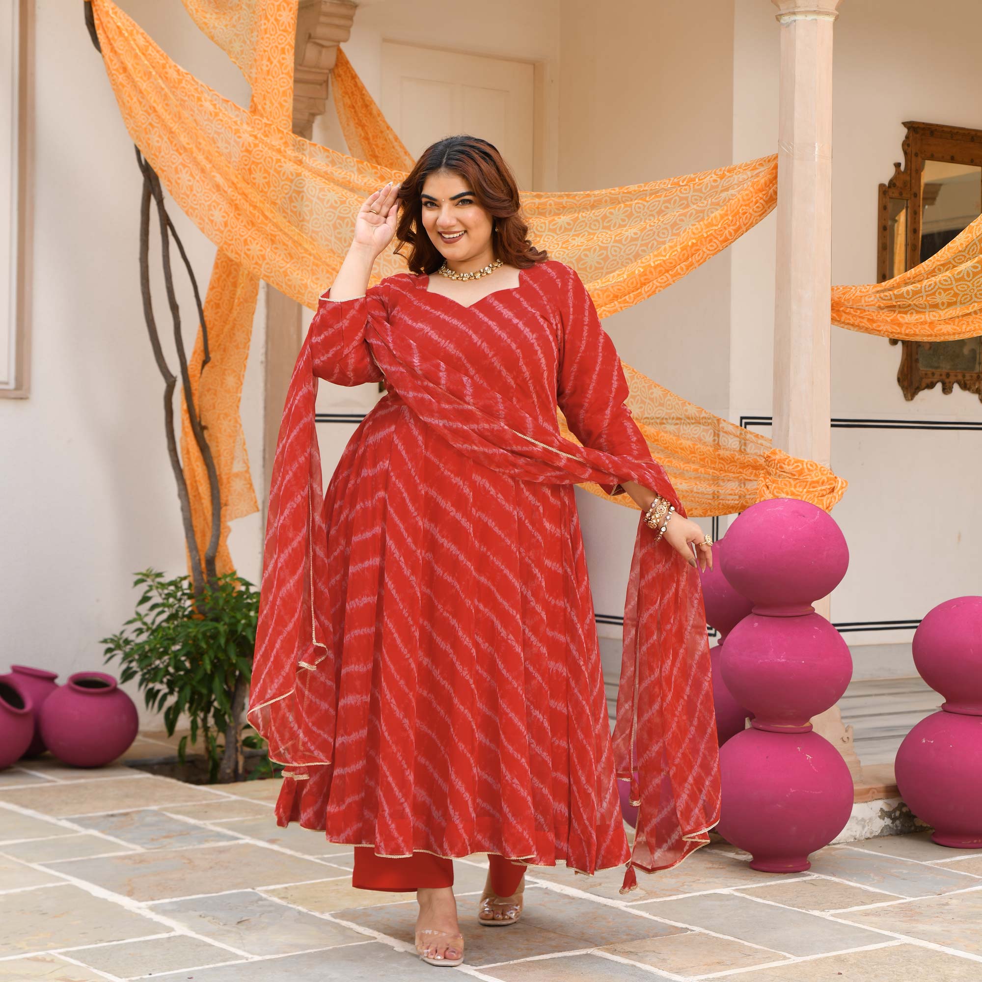 Lal Mirchi- Red Embroidered Leheriya chiffon Anarkali Set