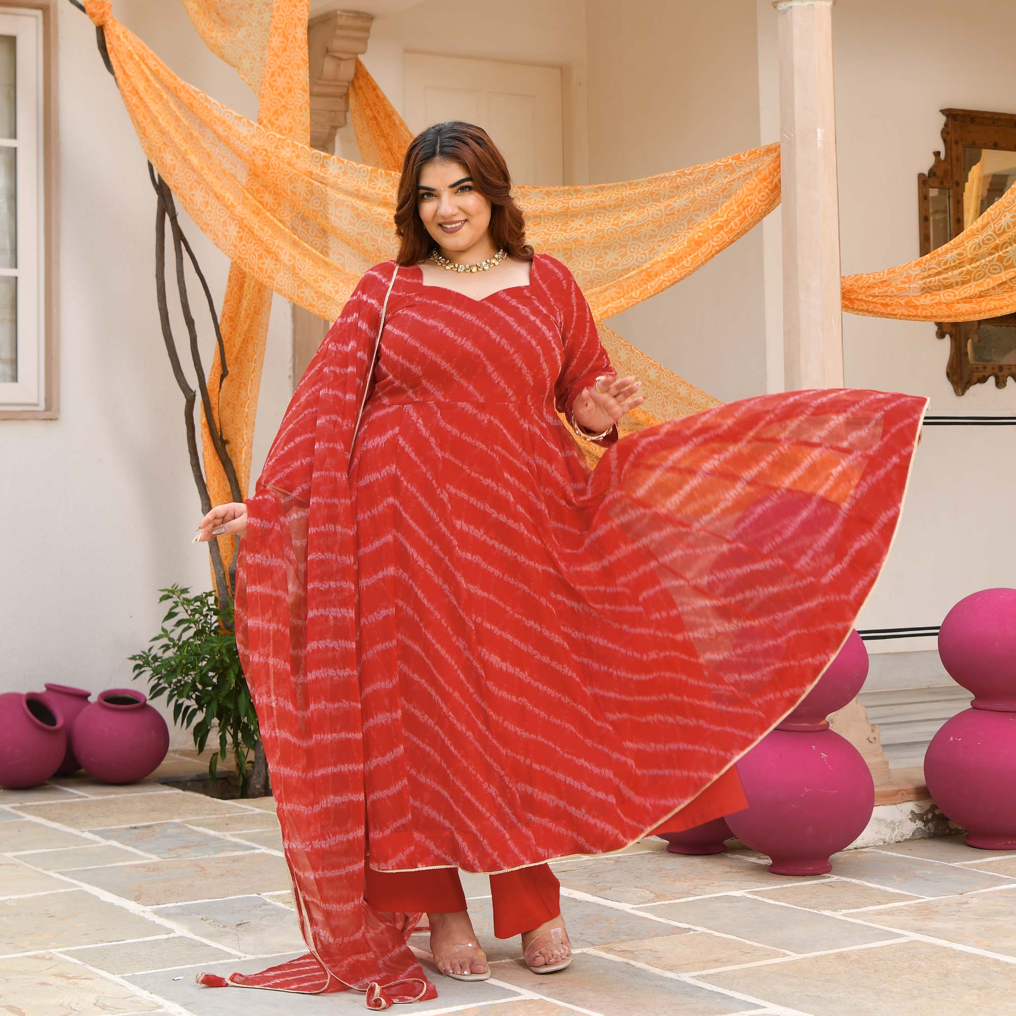 Lal Mirchi- Red Embroidered Leheriya chiffon Anarkali Set