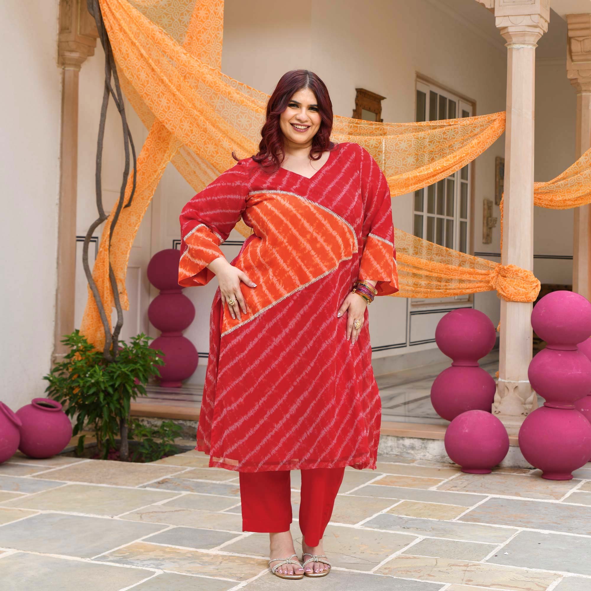 Patakha- Red & Orange Embroidered Leheriya Chiffon Kurta