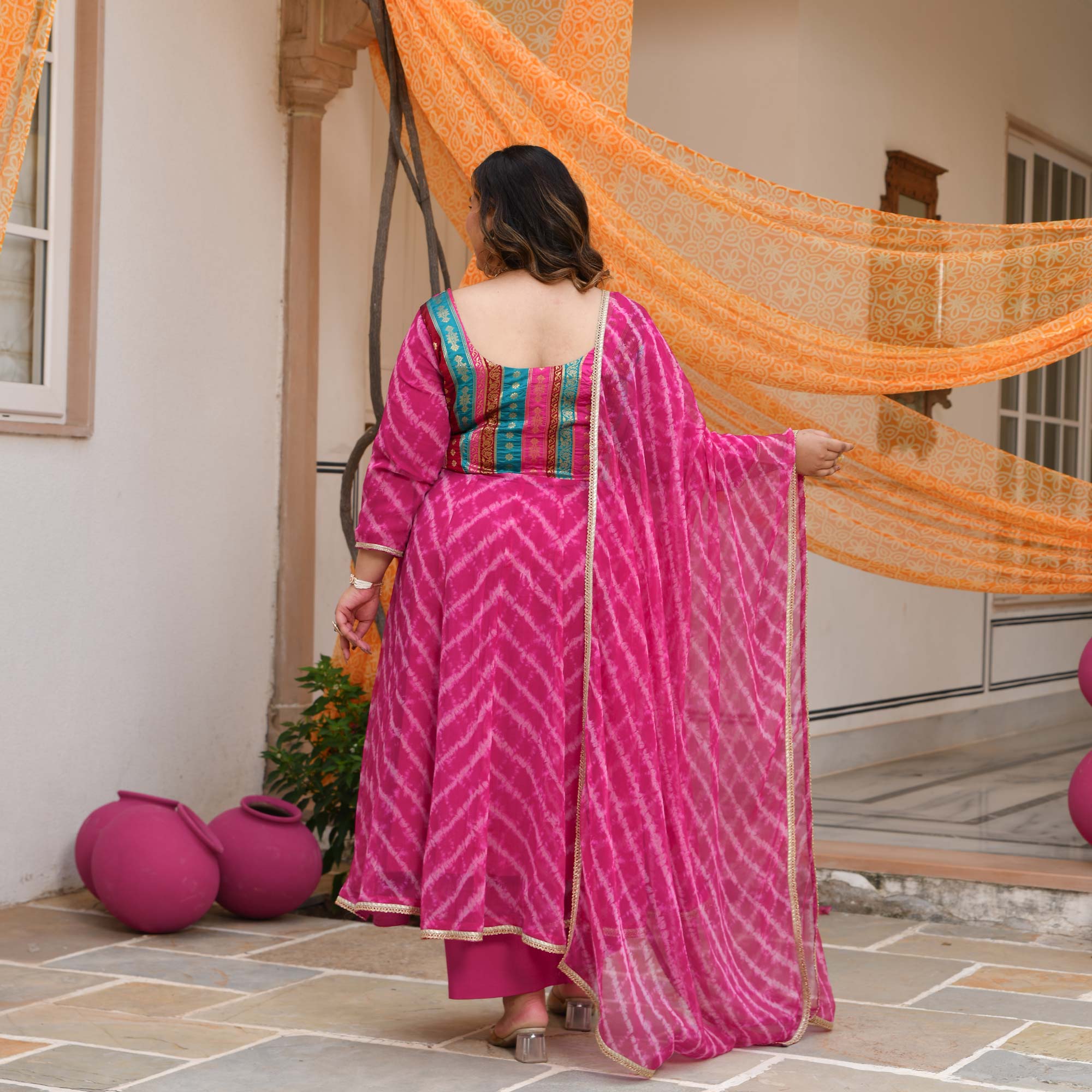 Gulabwati- Pink Banarasi Brocade Leheriya Chiffon Anarkali Set