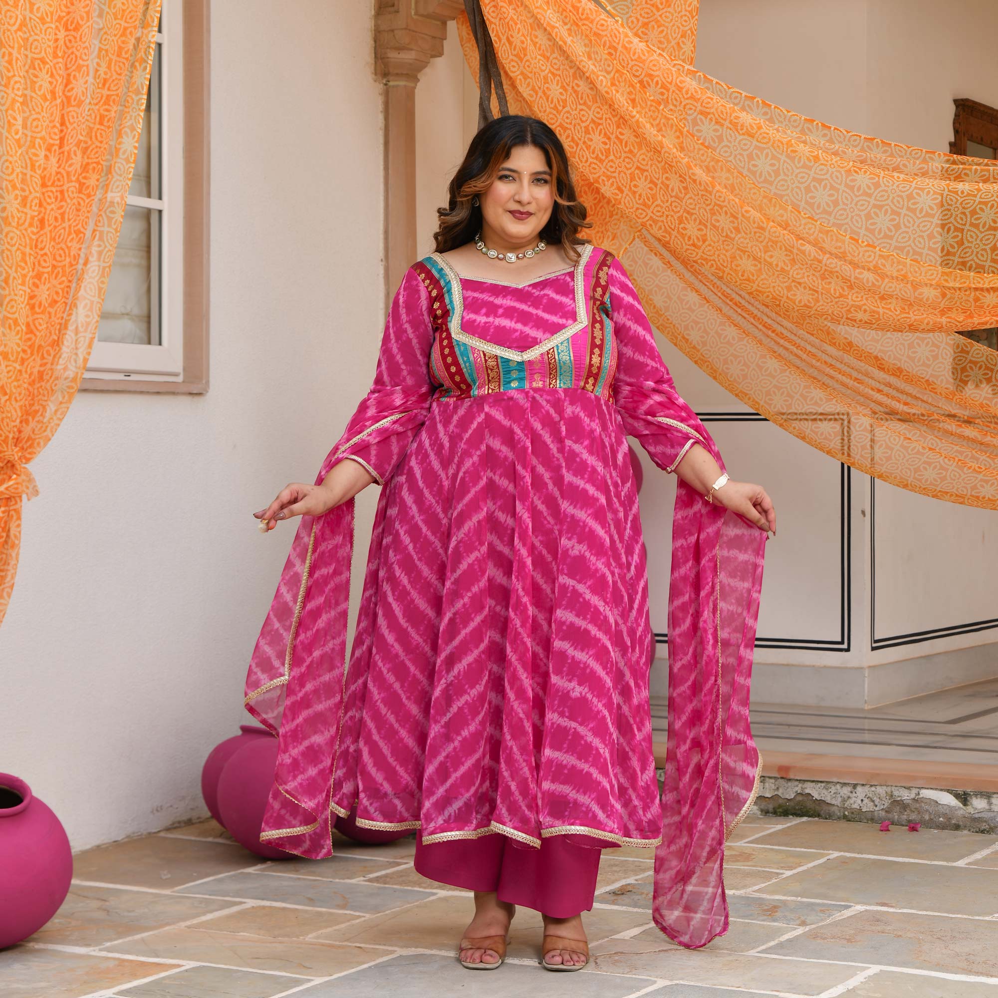 Gulabwati- Pink Banarasi Brocade Leheriya Chiffon Anarkali Set