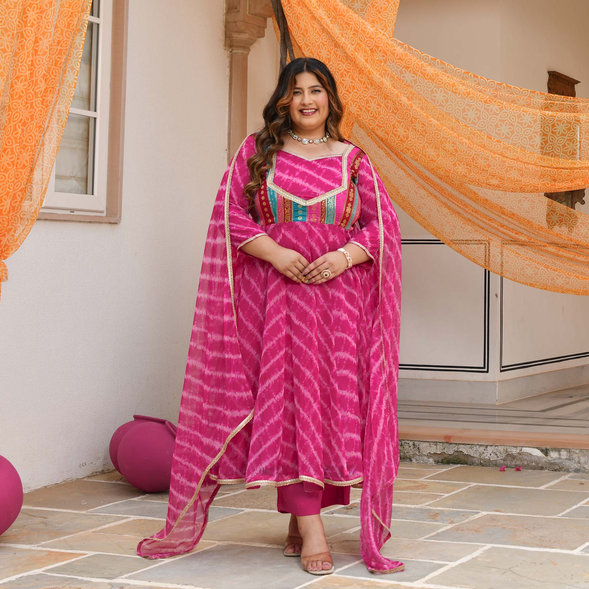 Gulabwati- Pink Banarasi Brocade Leheriya Chiffon Anarkali Set