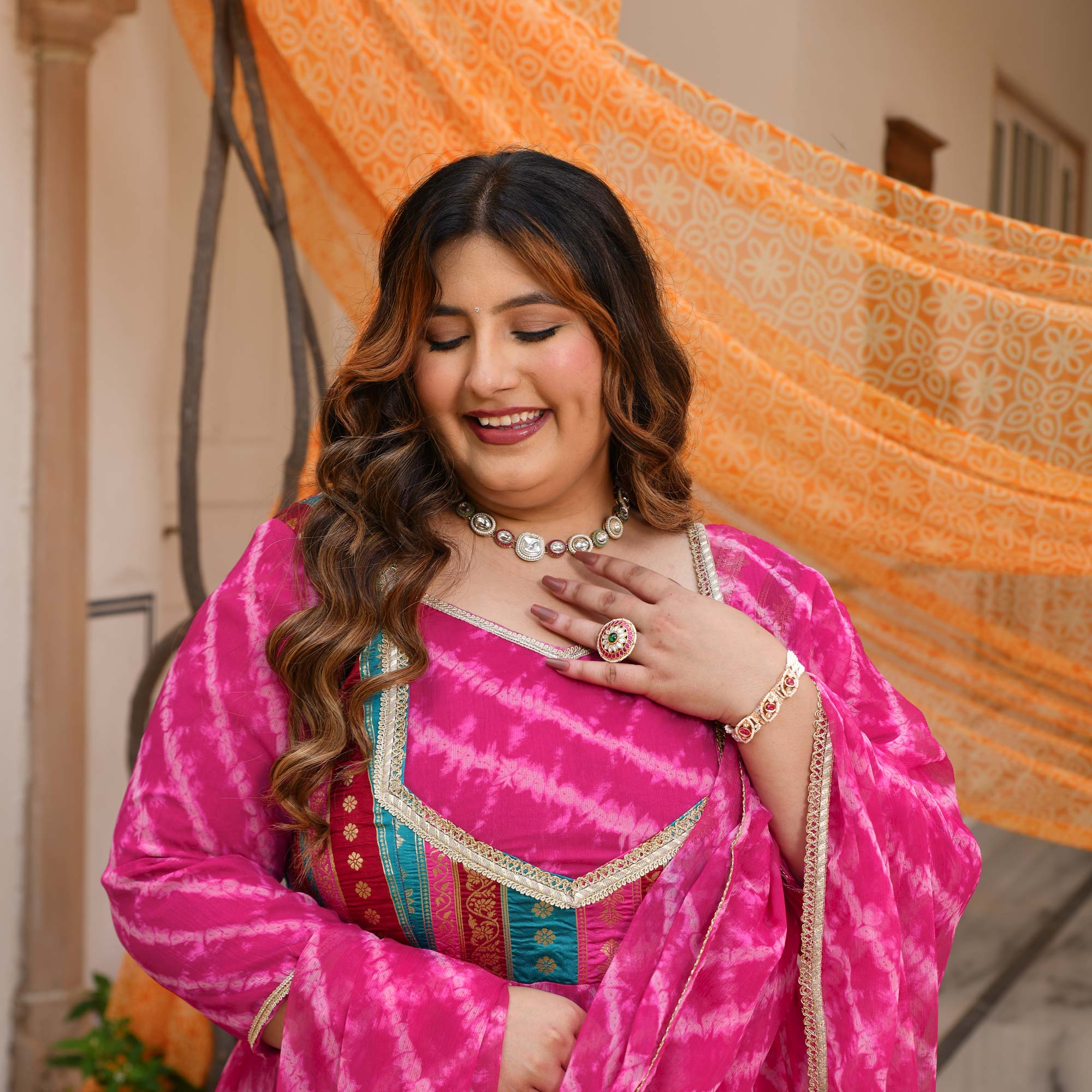 Gulabwati- Pink Banarasi Brocade Leheriya Chiffon Anarkali Set
