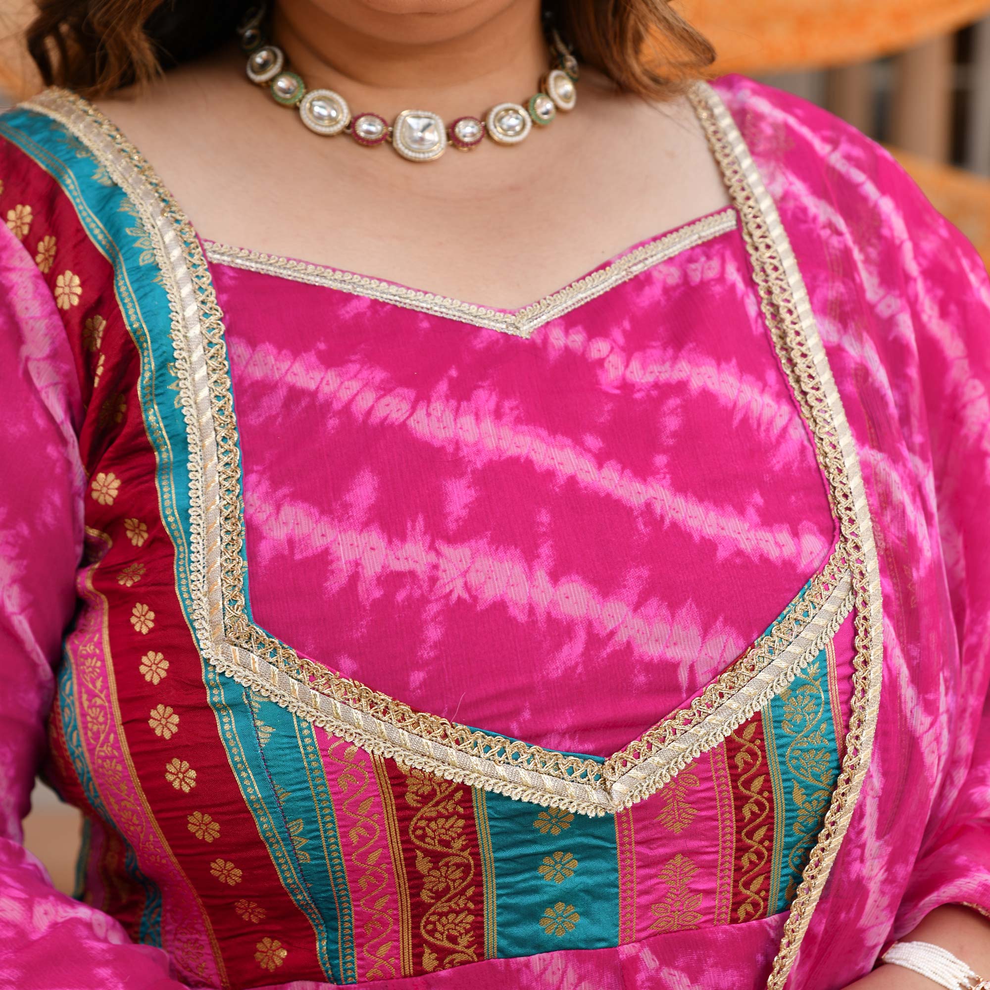 Gulabwati- Pink Banarasi Brocade Leheriya Chiffon Anarkali Set