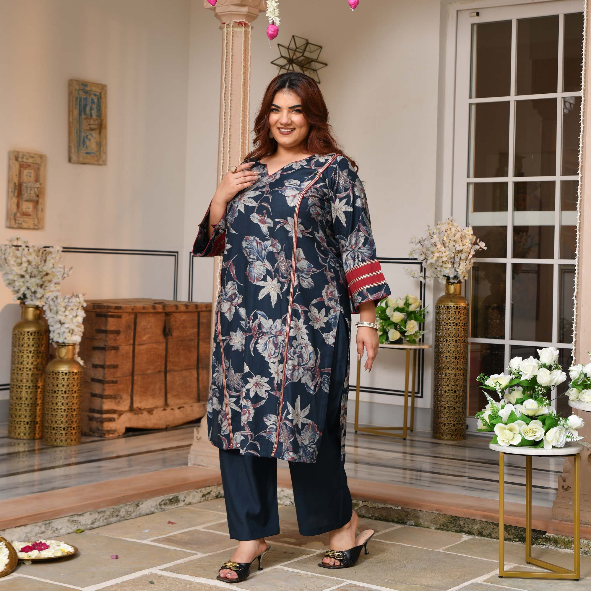 Rasika- Prussian Blue Floral Modal Viscose Co-ord Set