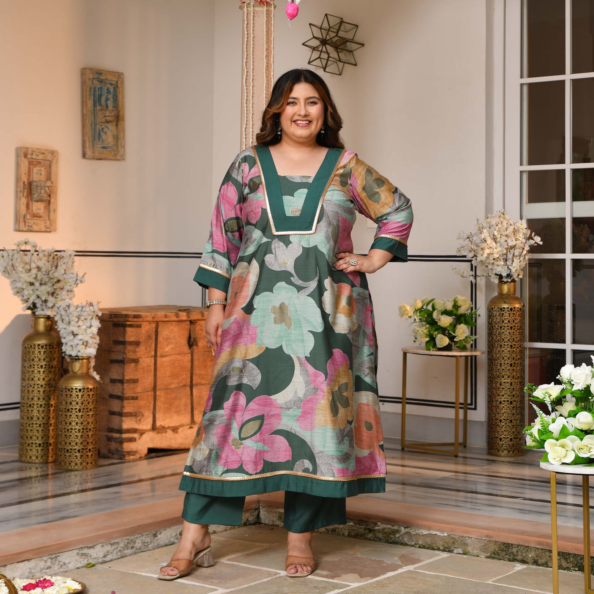 Gauri - Slate Green Floral Modal Viscose Kurta Pant Set