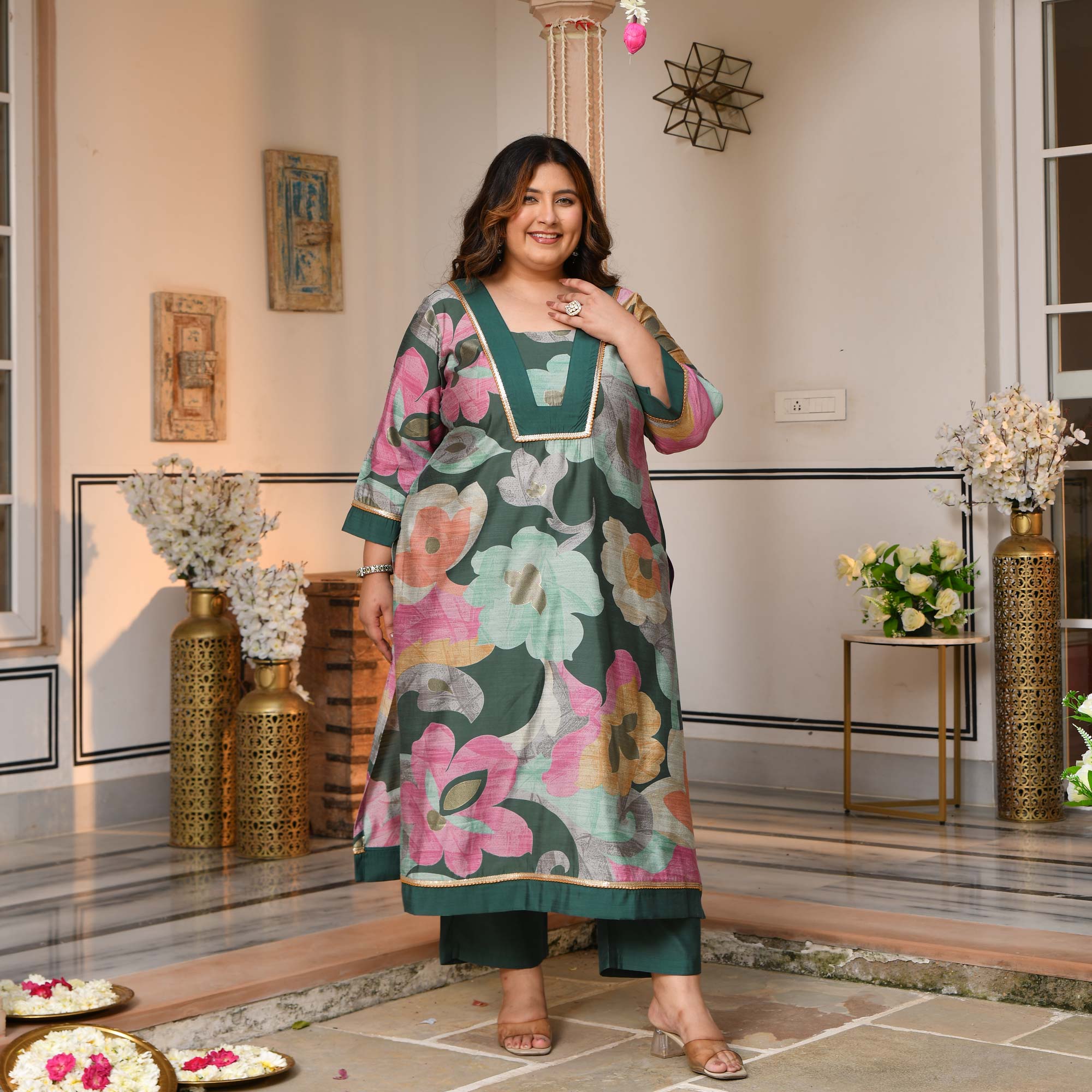 Gauri - Slate Green Floral Modal Viscose Kurta Pant Set