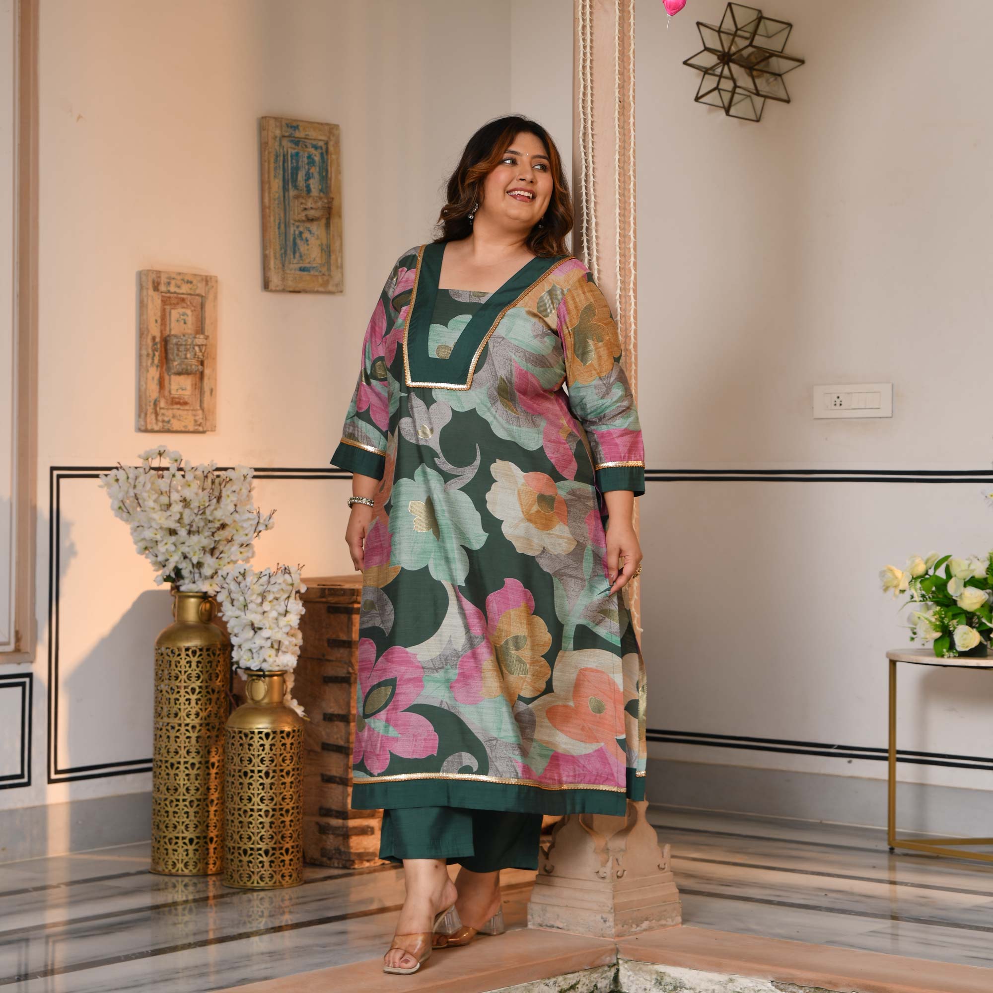 Gauri - Slate Green Floral Modal Viscose Kurta Pant Set
