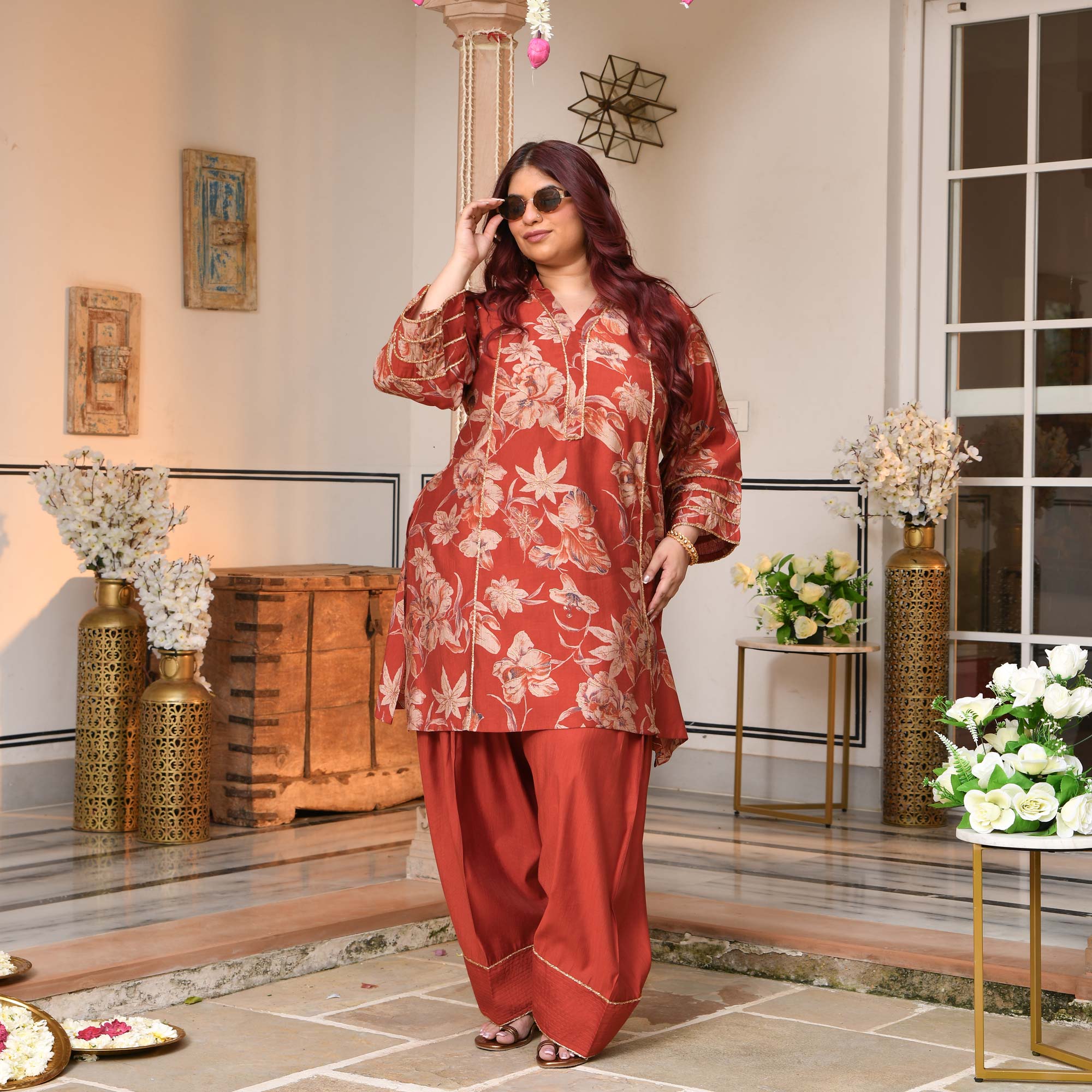 Shakti- Rusty Orange Floral Modal Viscose Farshi Co-ord Set