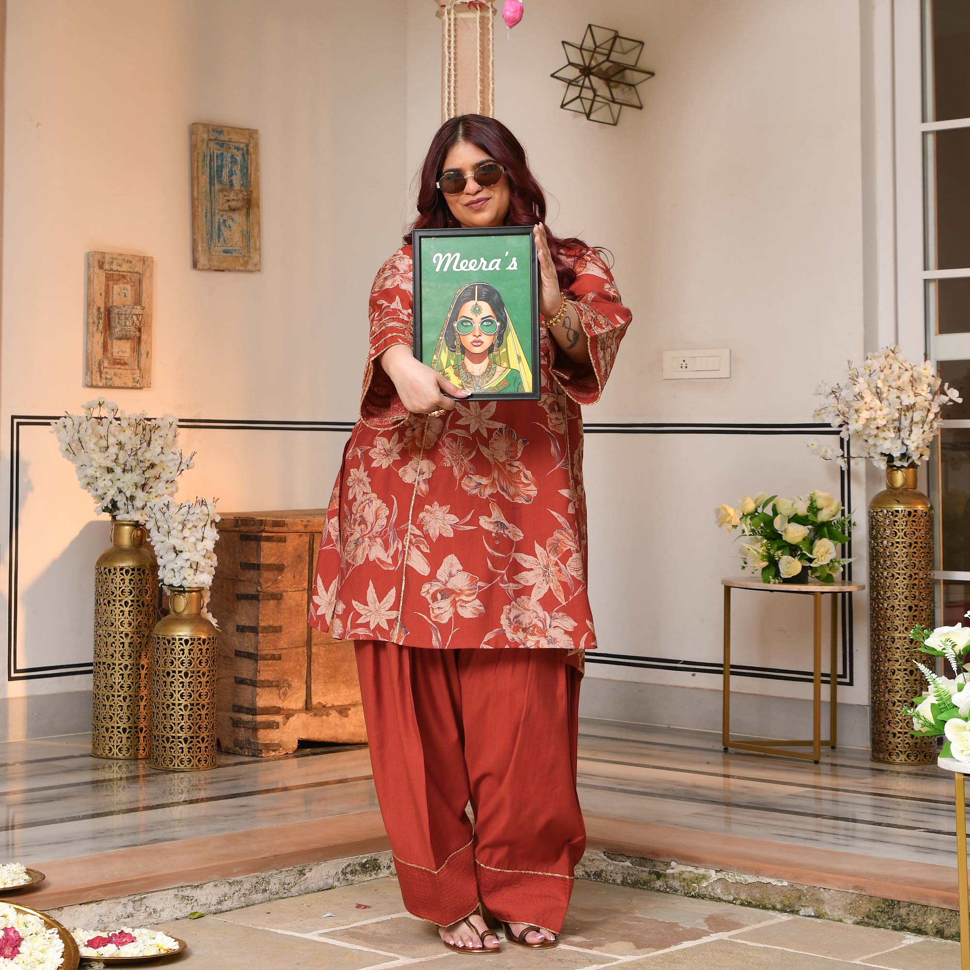 Shakti- Rusty Orange Floral Modal Viscose Farshi Co-ord Set