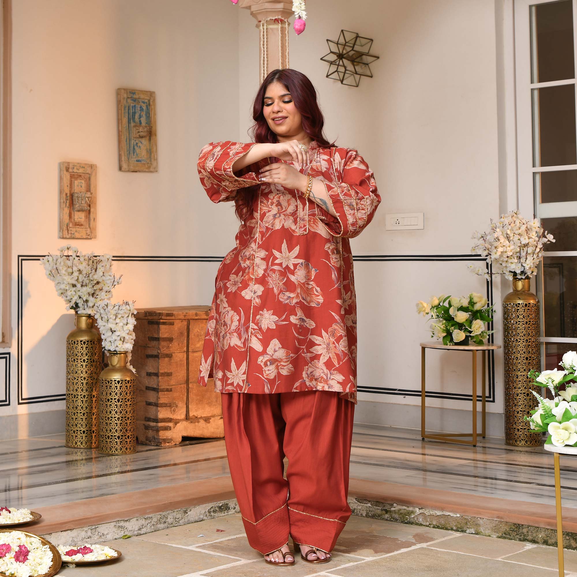 Shakti- Rusty Orange Floral Modal Viscose Farshi Co-ord Set