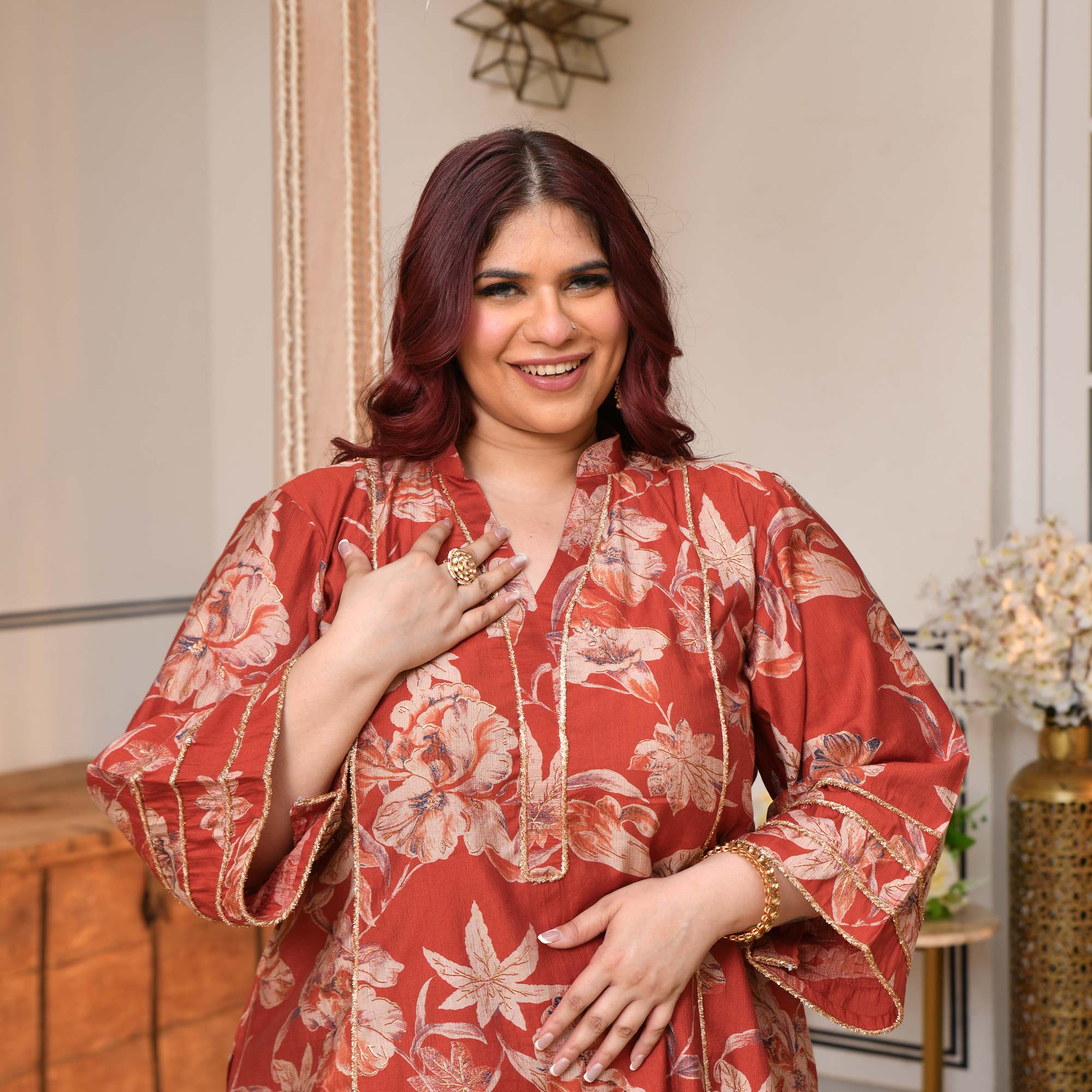 Shakti- Rusty Orange Floral Modal Viscose Farshi Co-ord Set