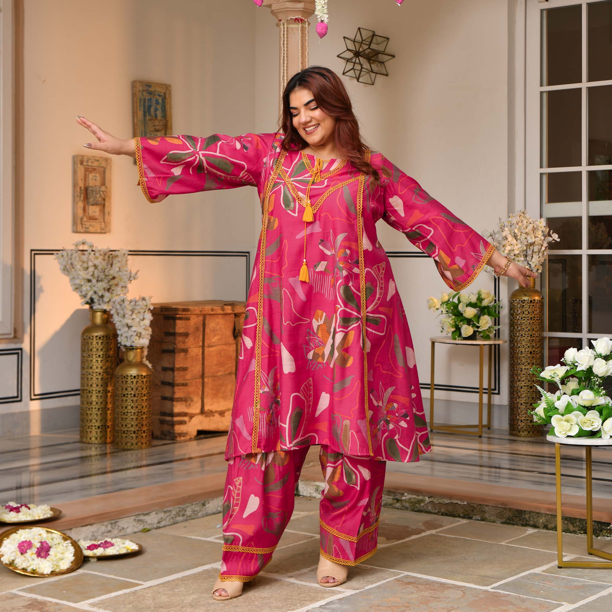Charvi - Deep Pink Floral Modal Viscose Farshi Co-ord Set