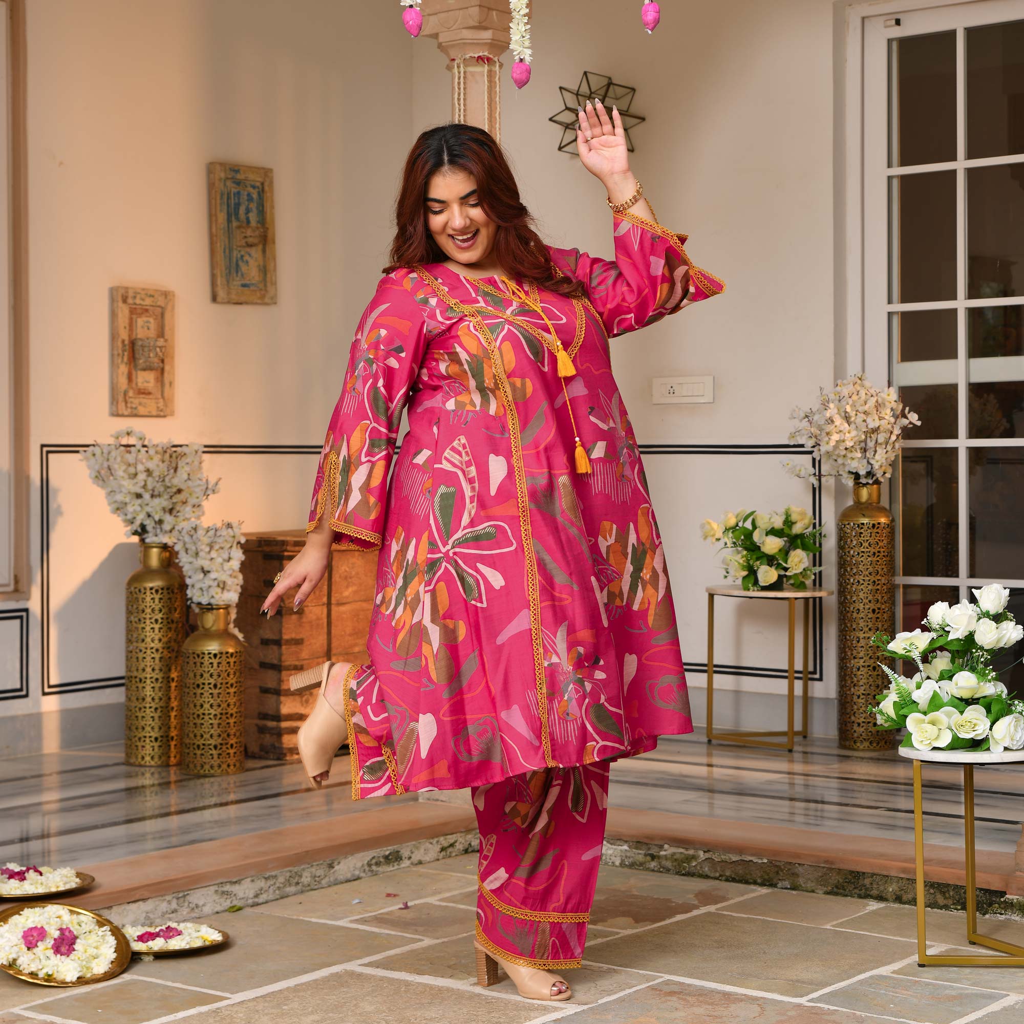 Charvi - Deep Pink Floral Modal Viscose Farshi Co-ord Set