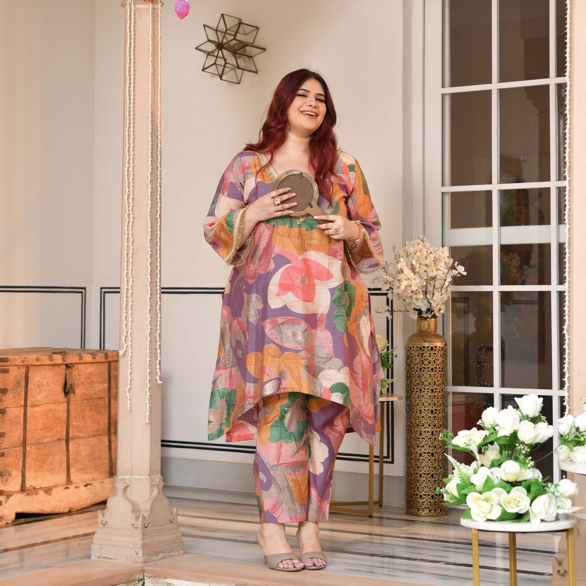 Madhurima- Orchid Purple Floral Assymetrical Modal Viscose Co-ord Set