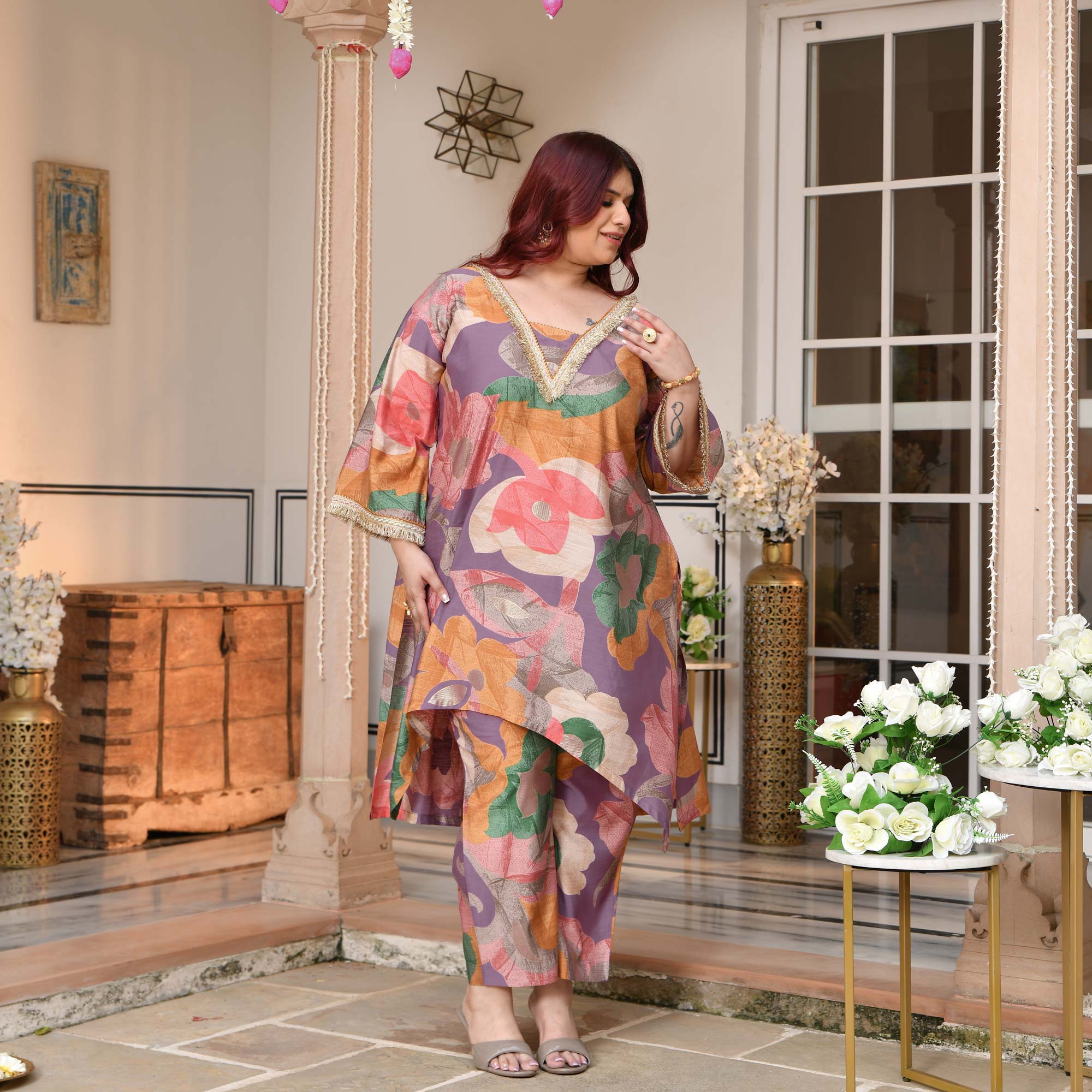 Madhurima- Orchid Purple Floral Assymetrical Modal Viscose Co-ord Set