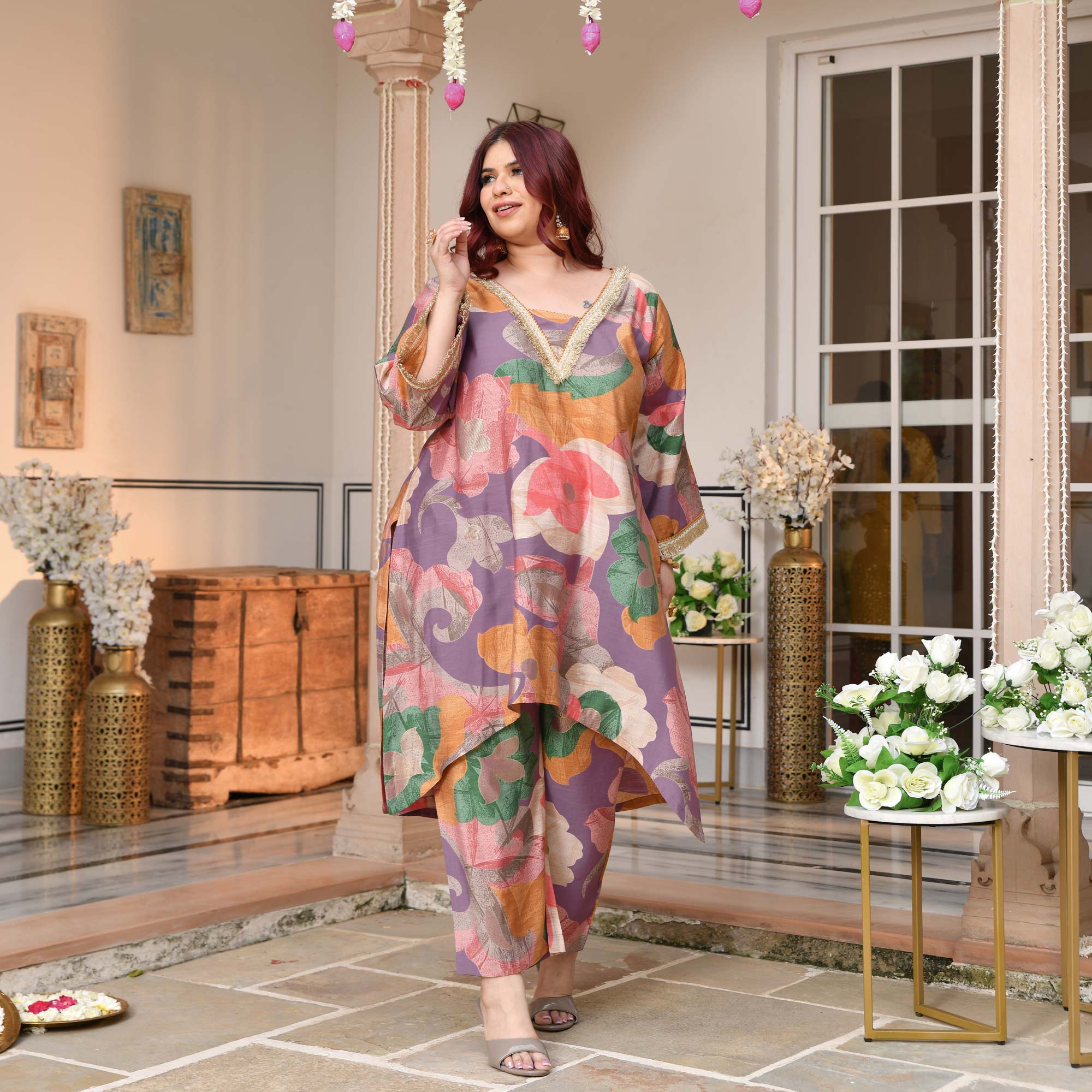 Madhurima- Orchid Purple Floral Assymetrical Modal Viscose Co-ord Set