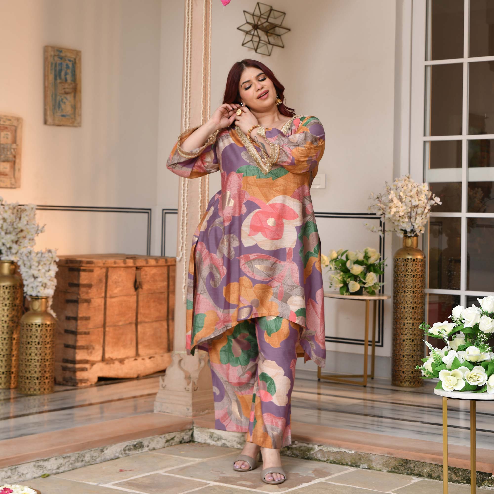 Madhurima- Orchid Purple Floral Assymetrical Modal Viscose Co-ord Set