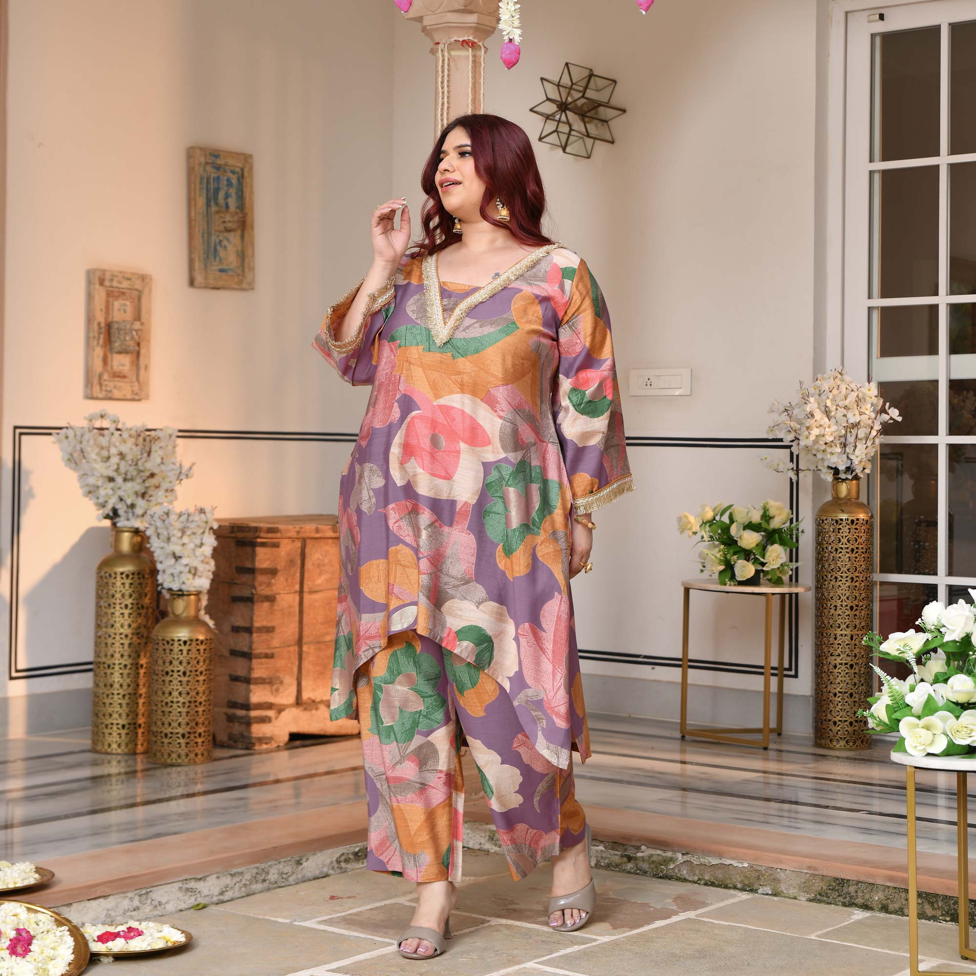 Madhurima- Orchid Purple Floral Assymetrical Modal Viscose Co-ord Set