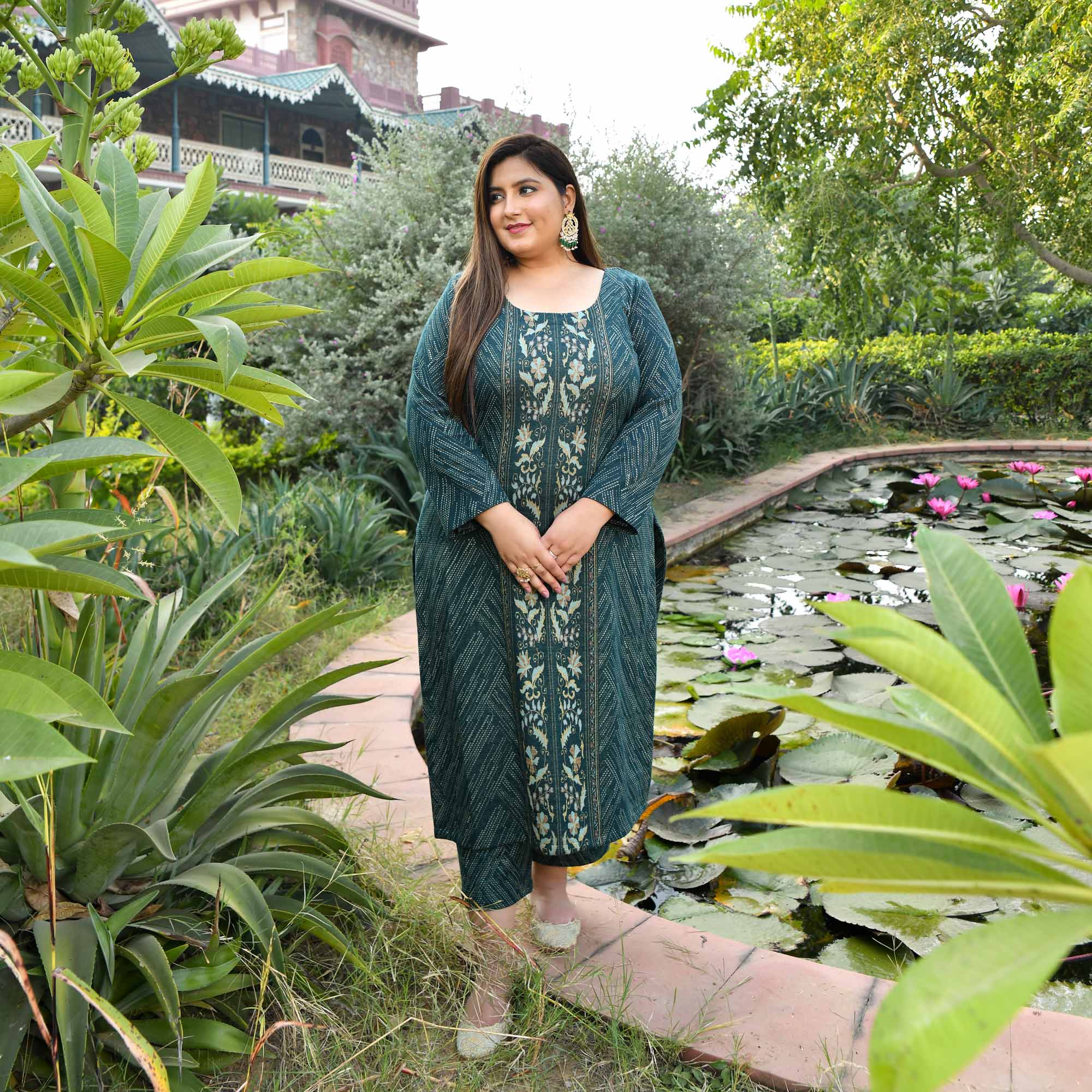 Turquoise Bloom Woollen Knitted Kurta Pant Set