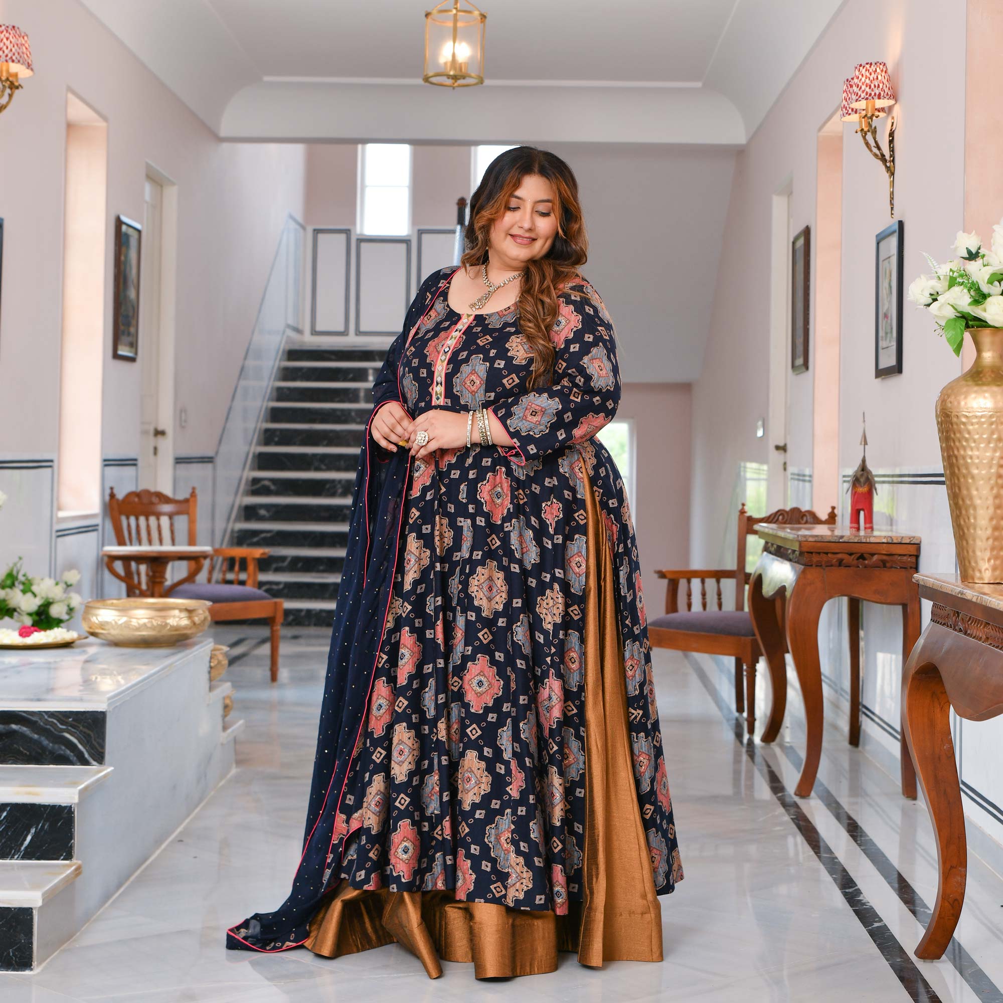 Madhvi- Midnight Blue Slit Anarkali Lehenga Set
